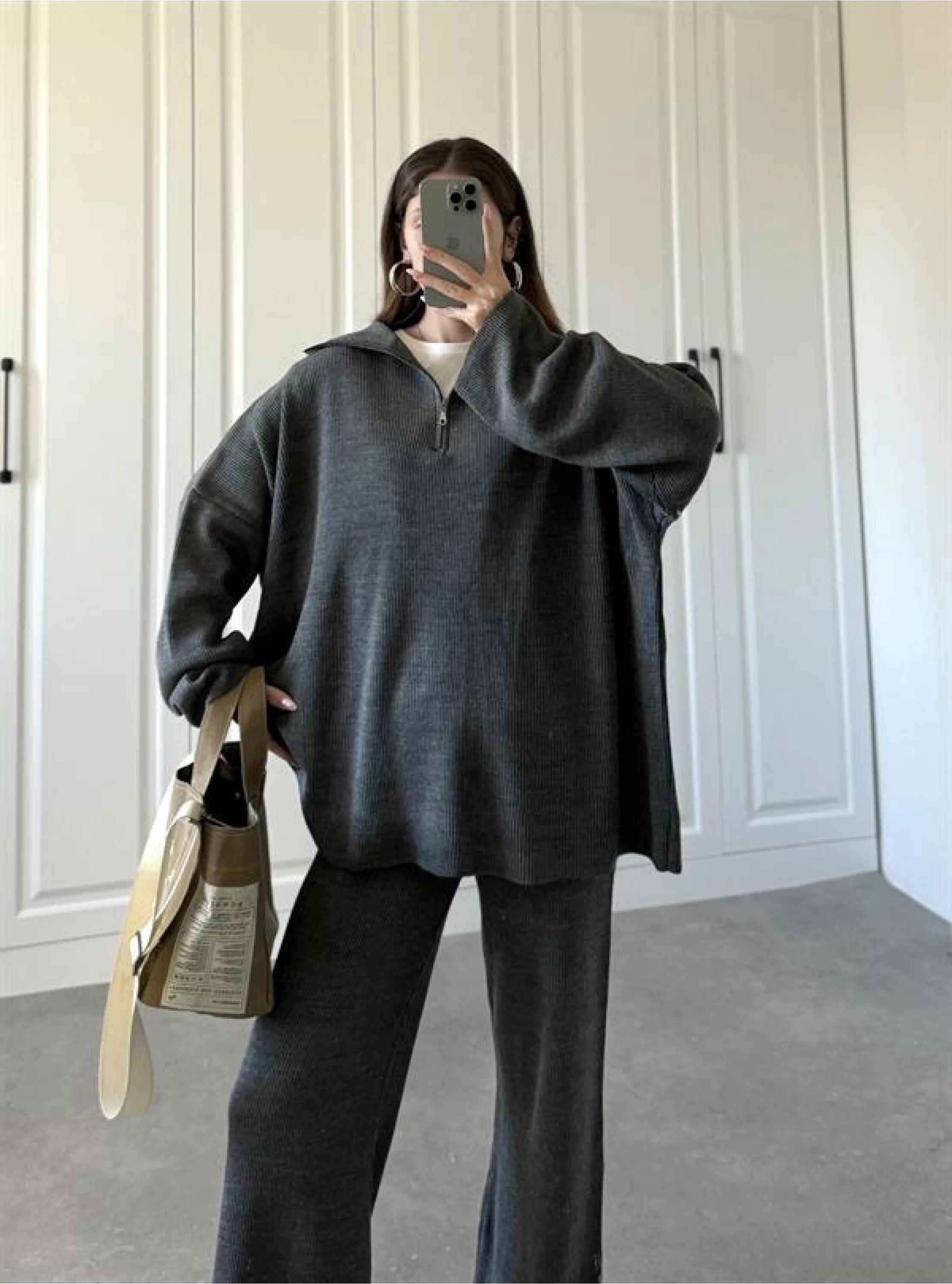 Fermuarlı Oversize Antrasit Triko Takım