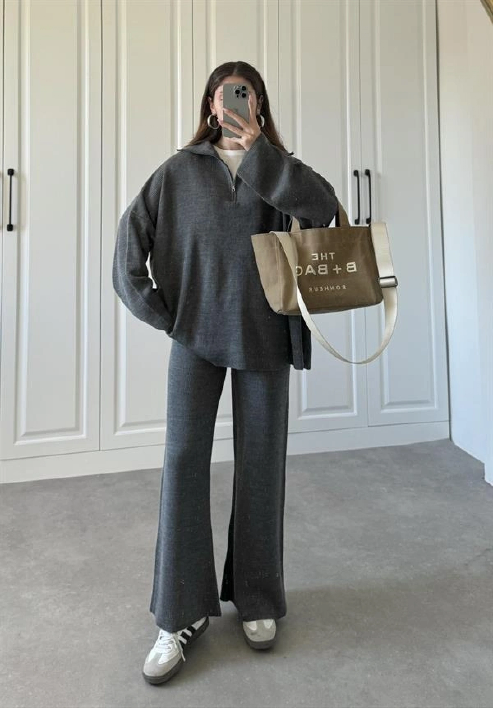Fermuarlı Oversize Antrasit Triko Takım