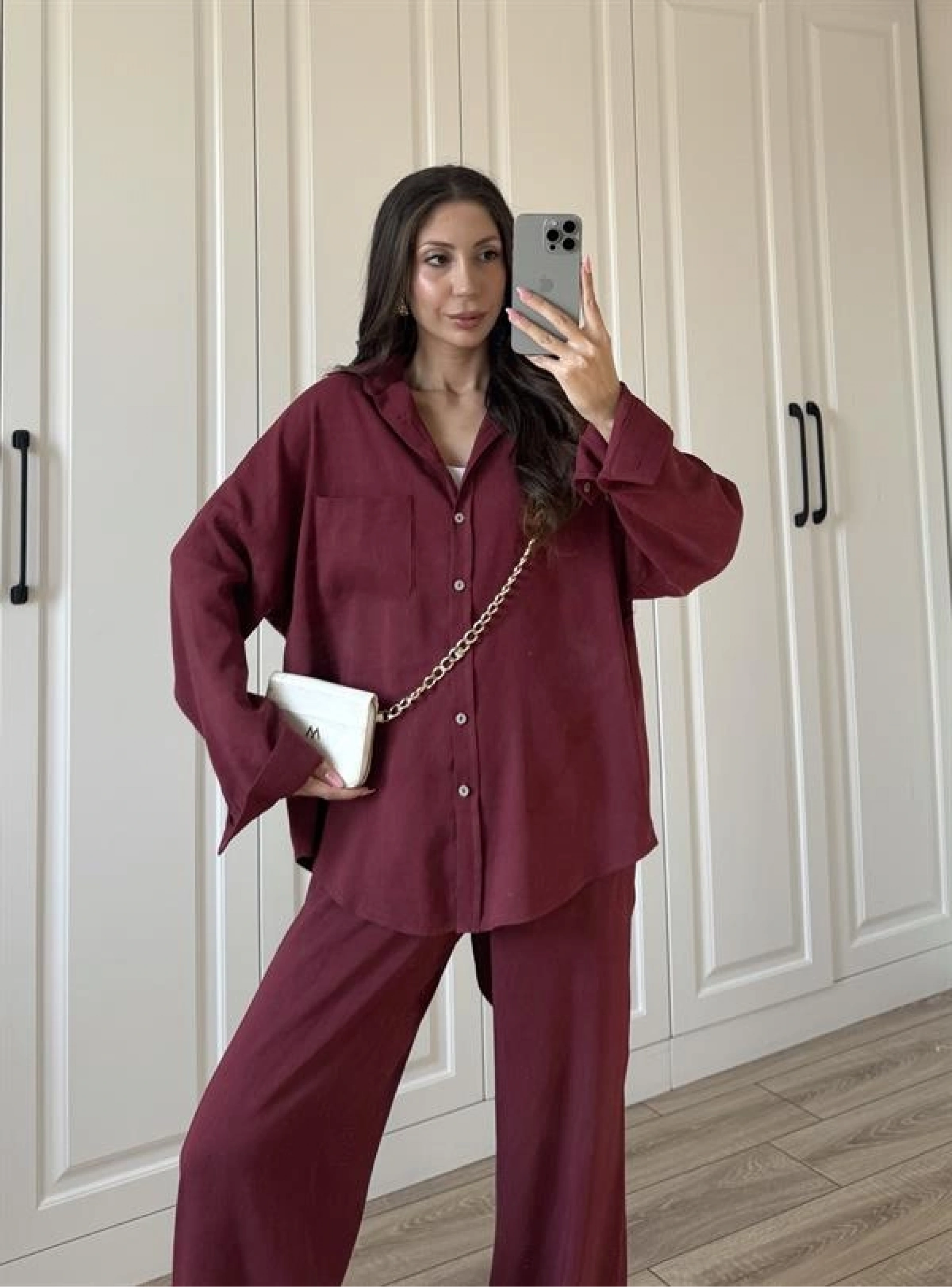 Fina Oversize Premium Keten Bordo Takım