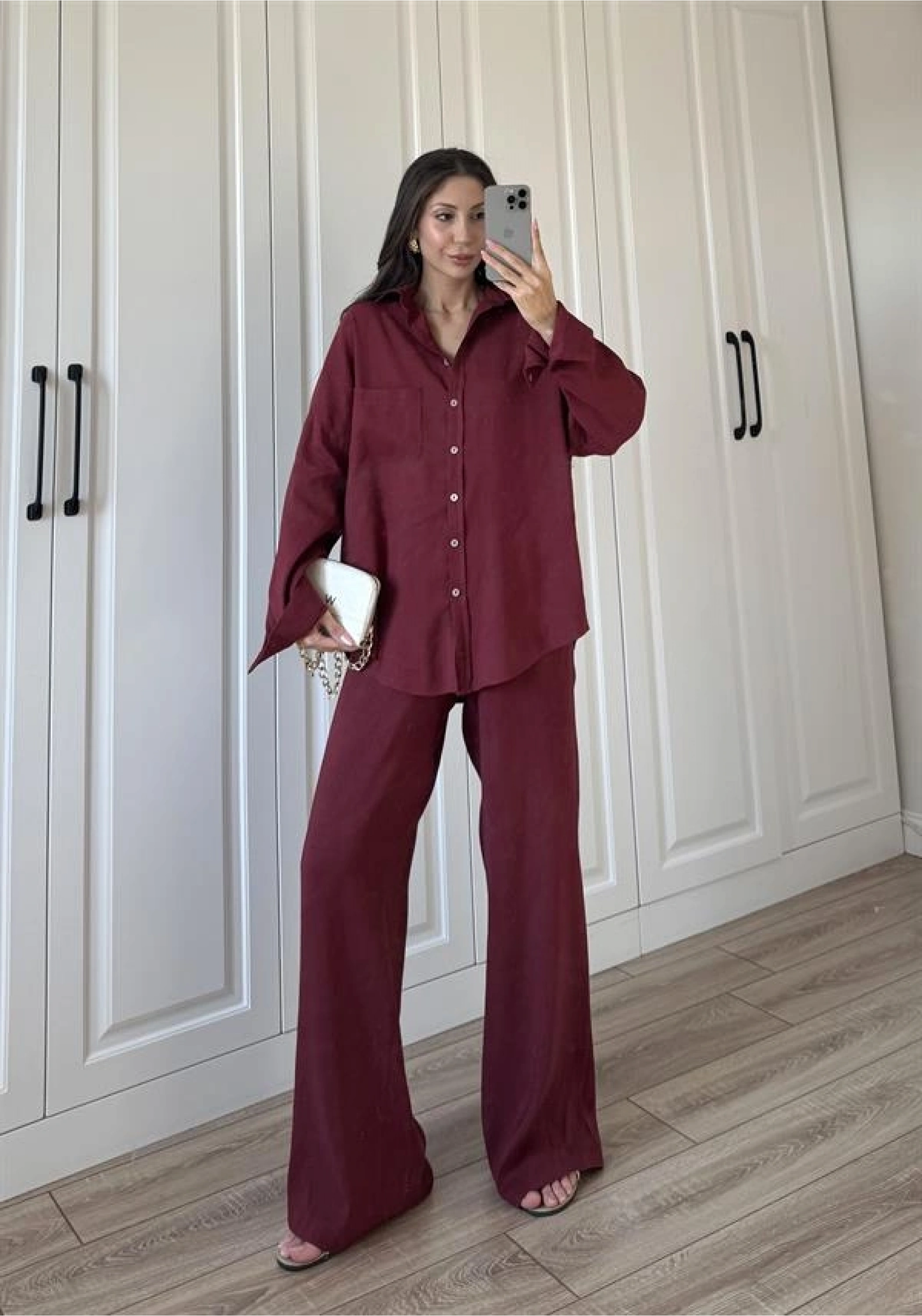 Fina Oversize Premium Keten Bordo Takım