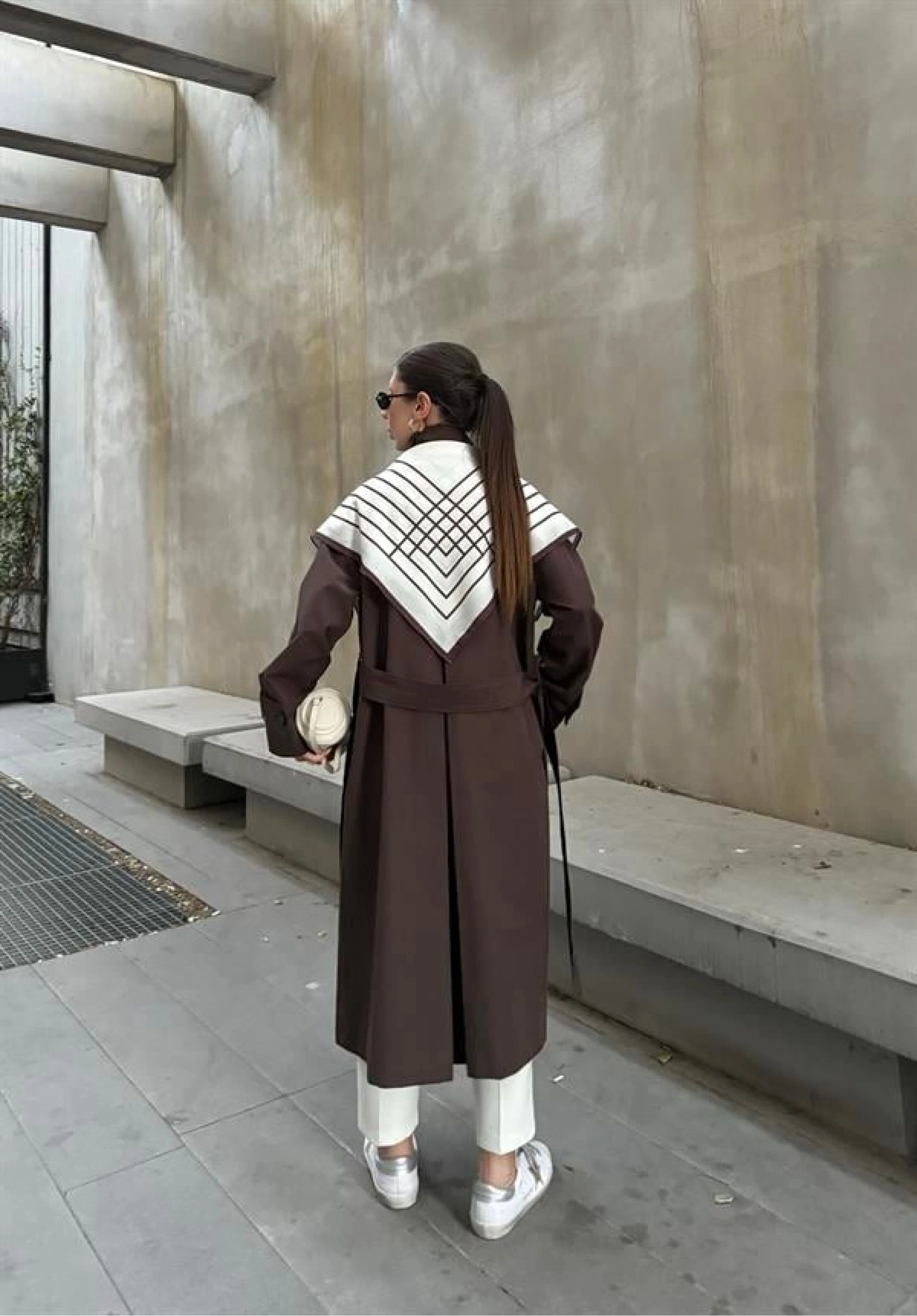 Fularlı Oversize Premium Kahve Trençkot