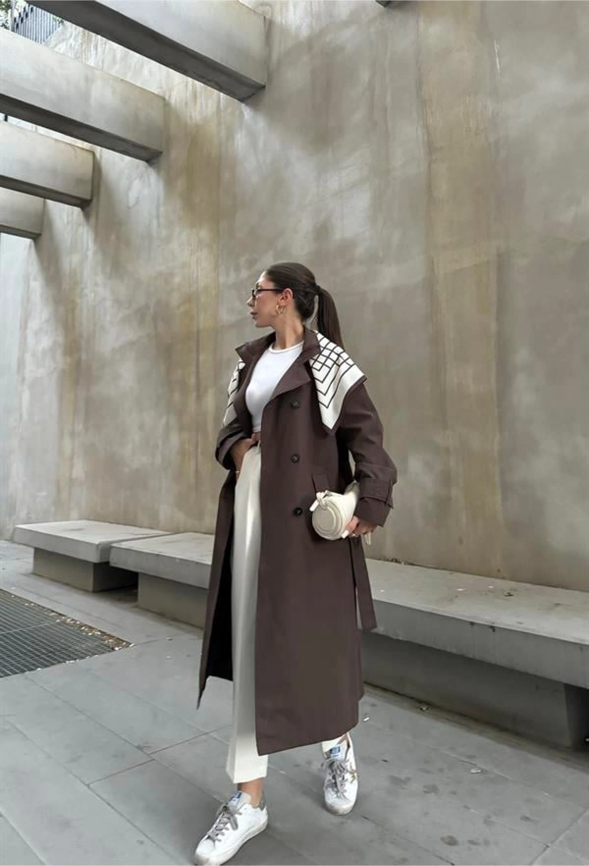 Fularlı Oversize Premium Kahve Trençkot