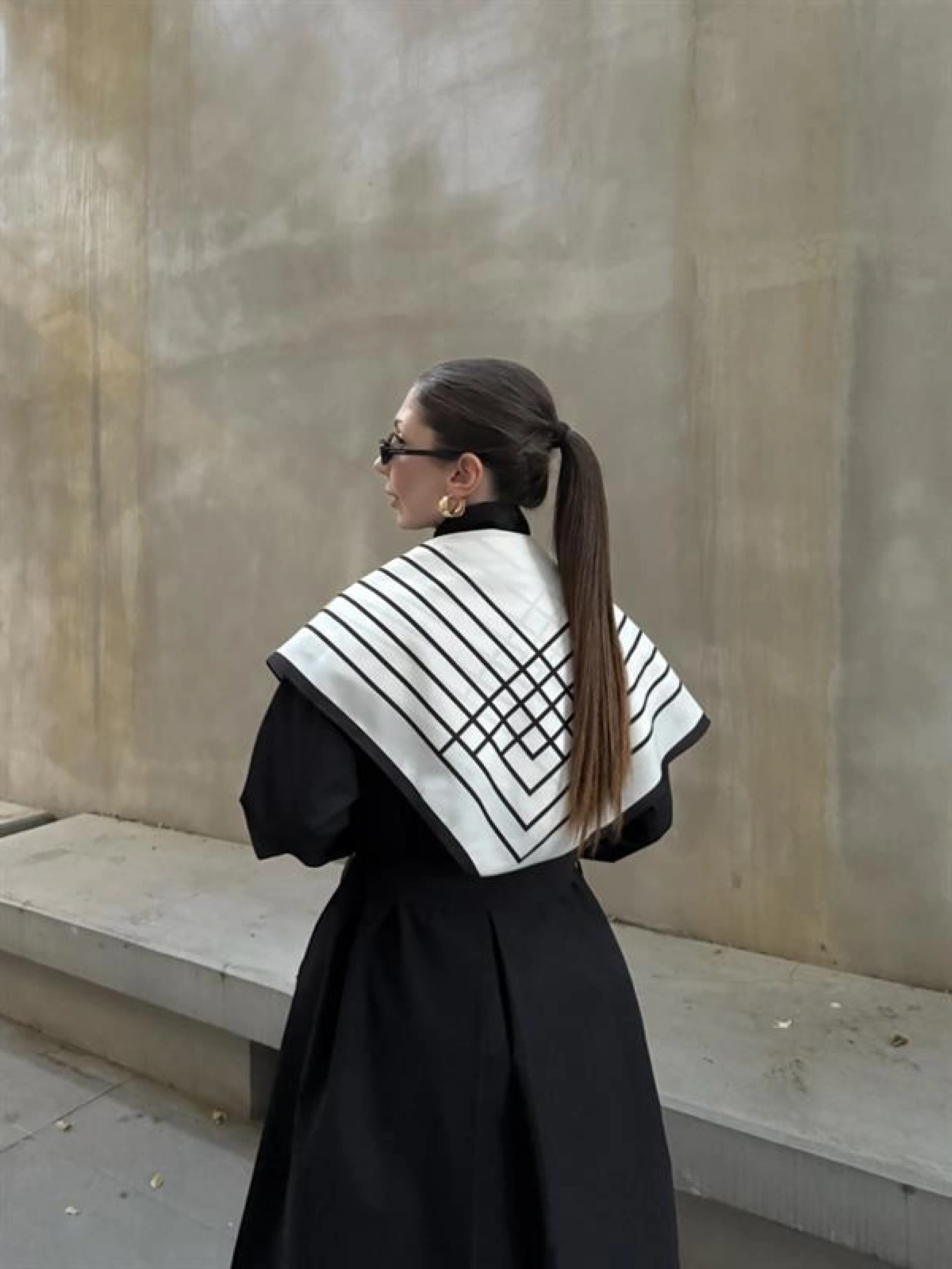 Fularlı Oversize Premium Siyah  Trençkot
