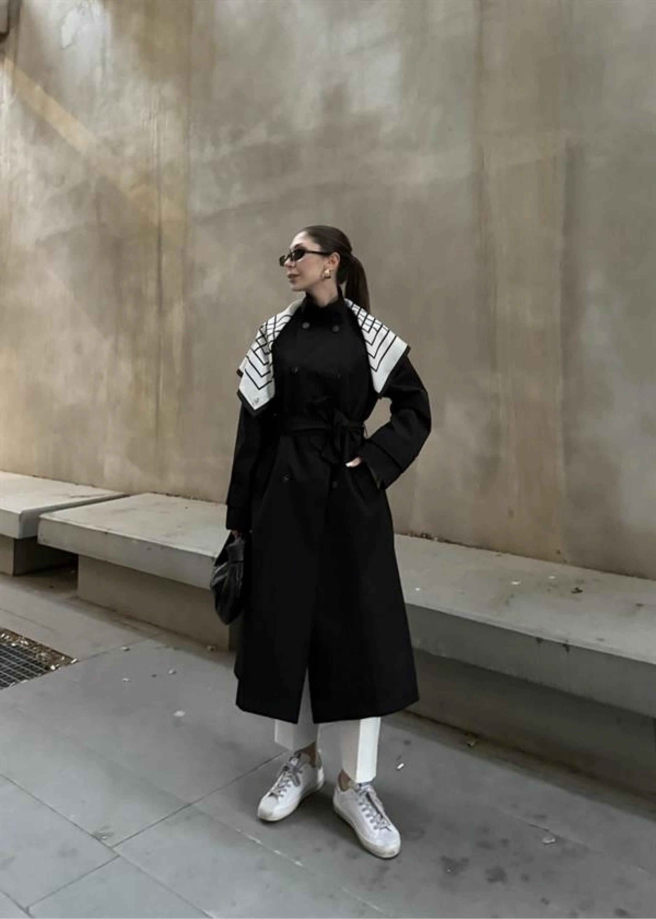Fularlı Oversize Premium Siyah  Trençkot