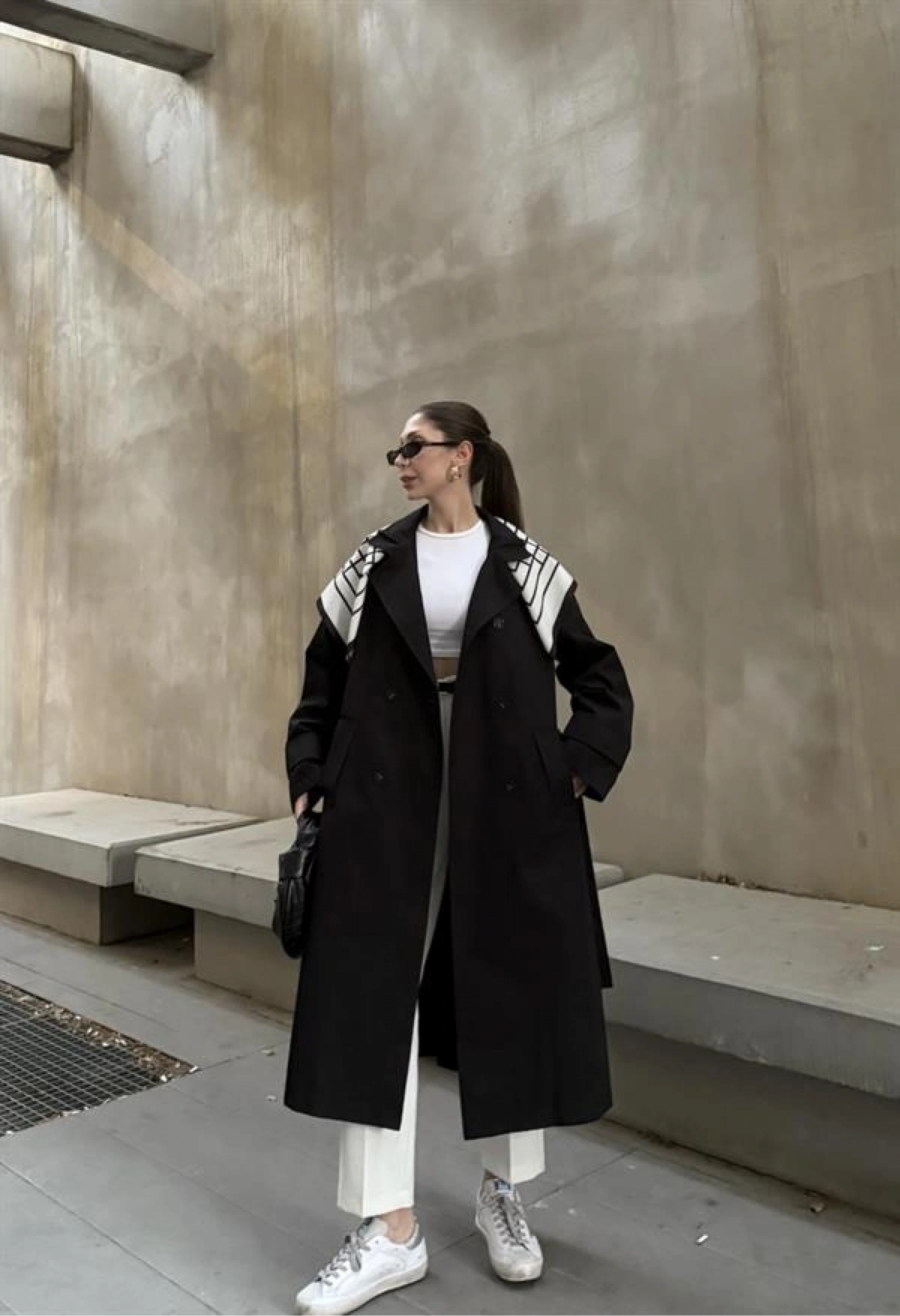 Fularlı Oversize Premium Siyah  Trençkot