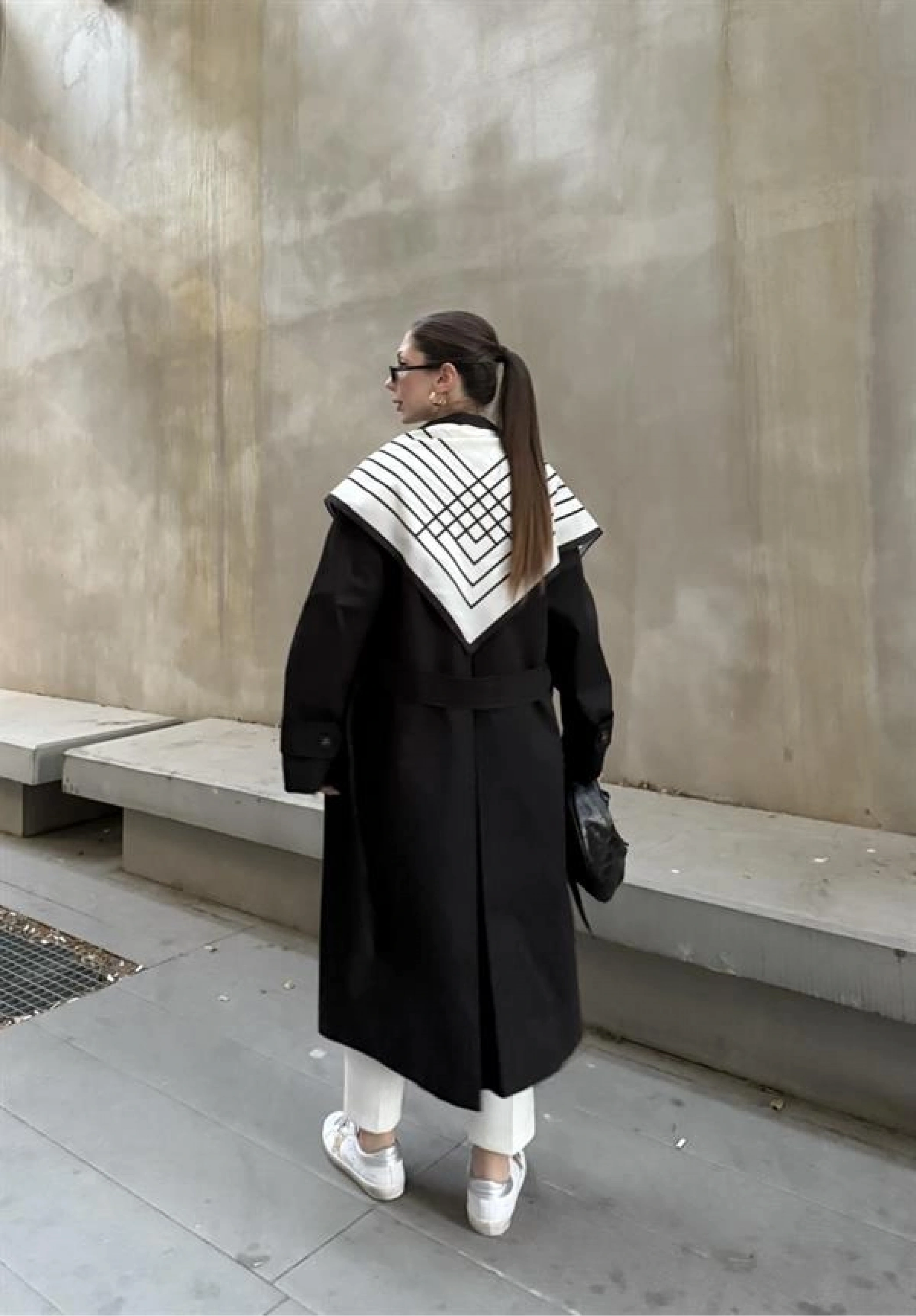 Fularlı Oversize Premium Siyah  Trençkot
