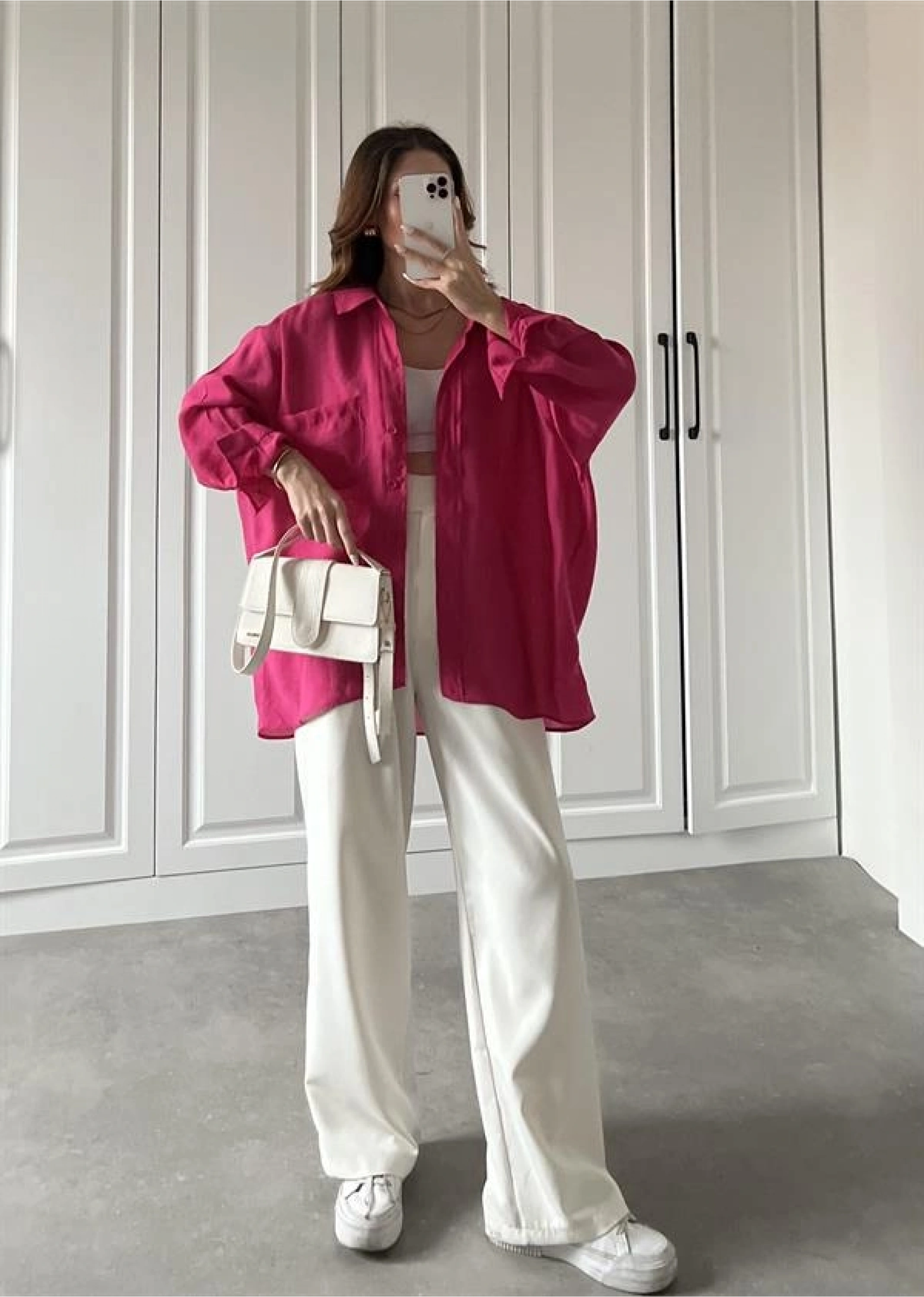 Fuşya Oversize Tensel Gömlek