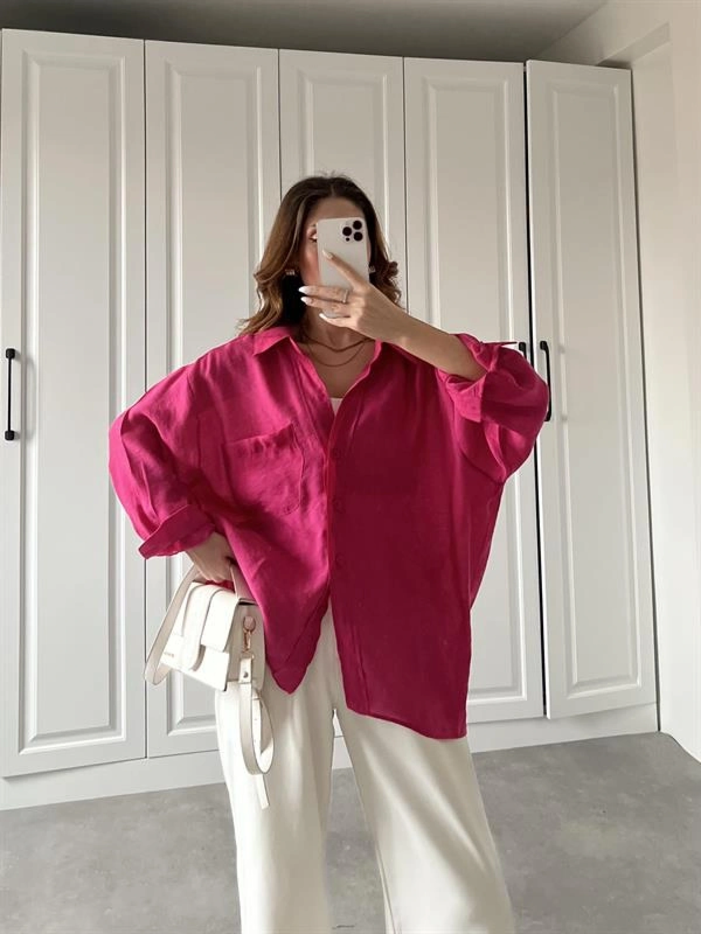 Fuşya Oversize Tensel Gömlek