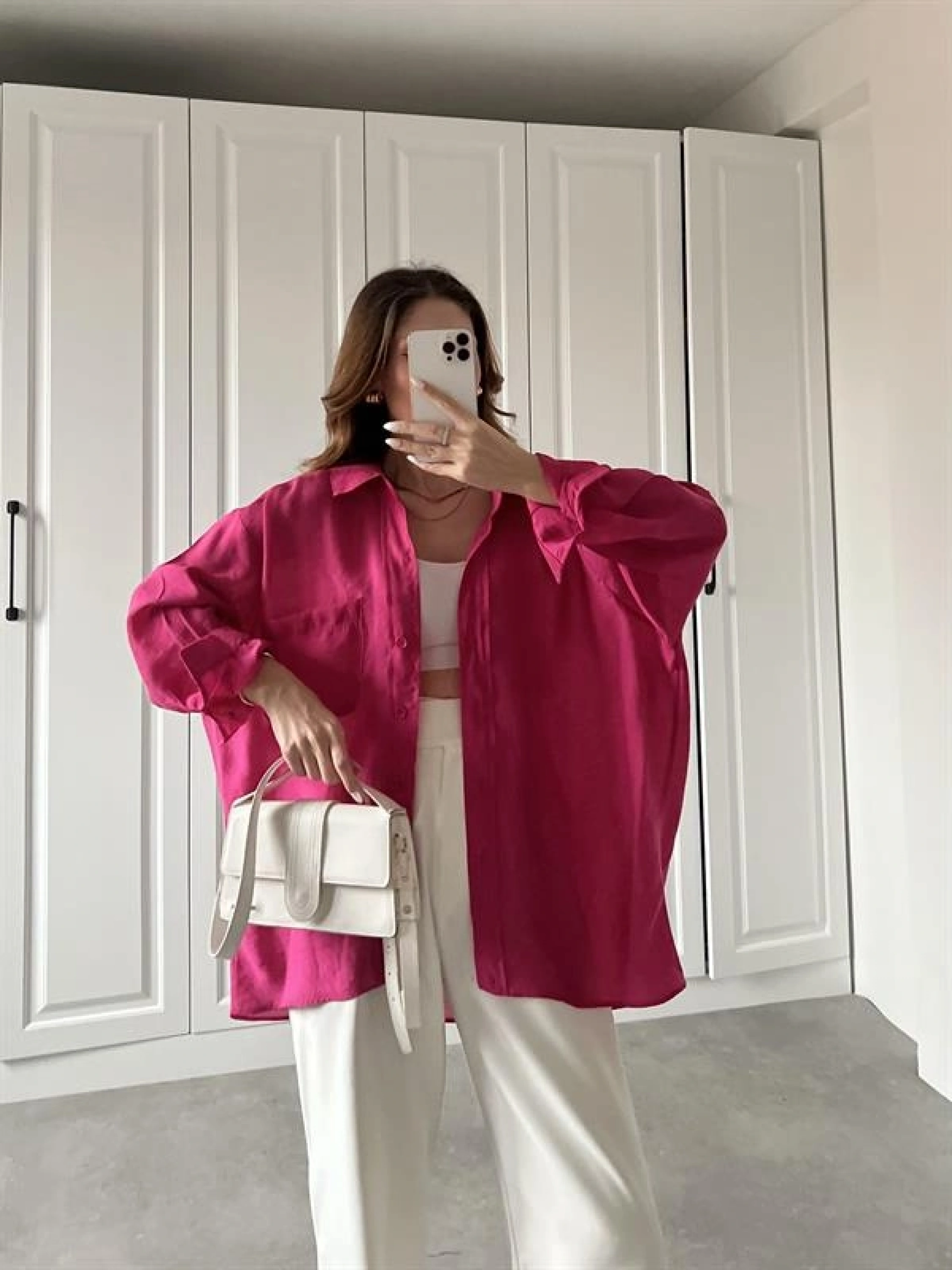 Fuşya Oversize Tensel Gömlek