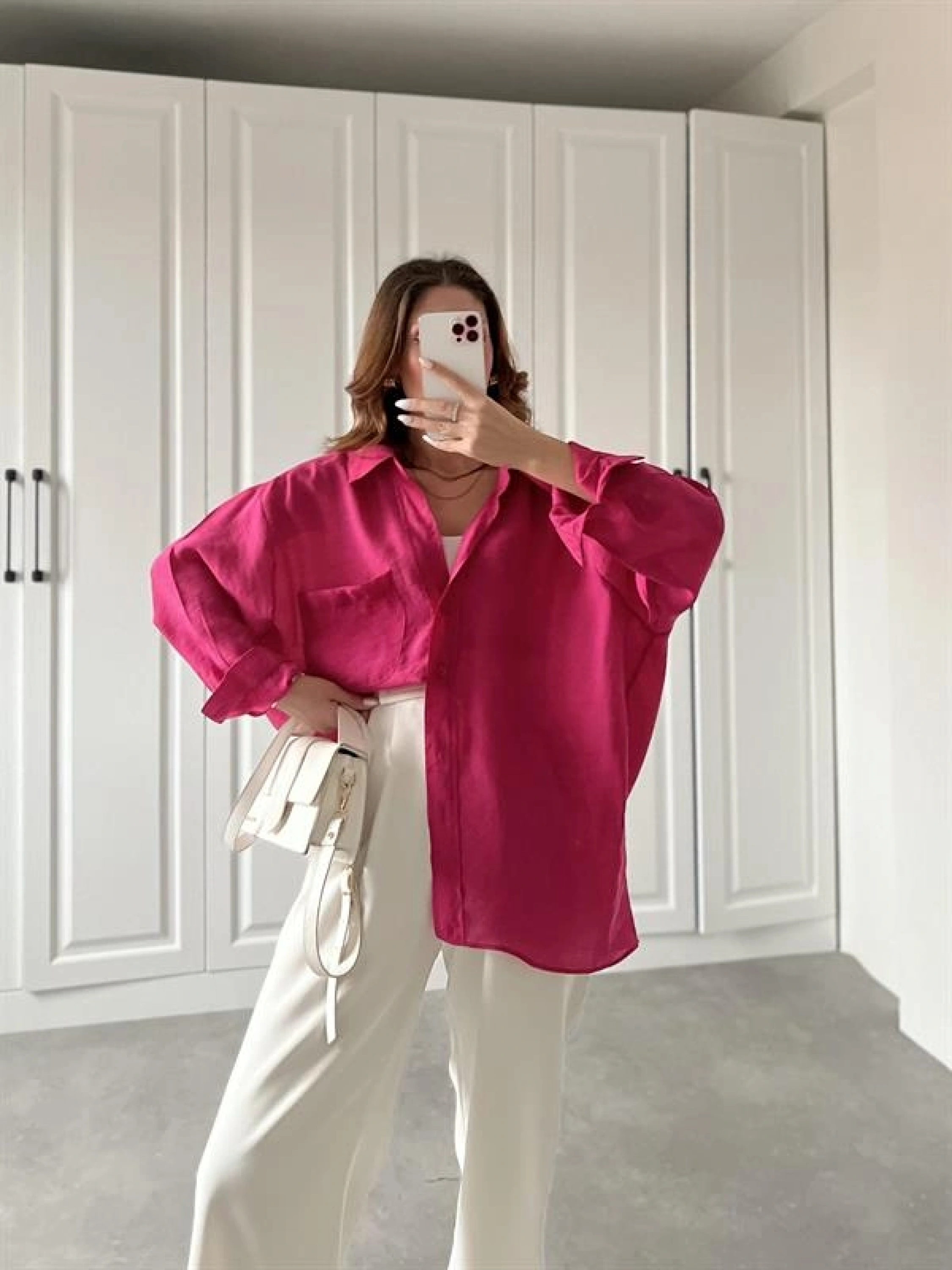 Fuşya Oversize Tensel Gömlek
