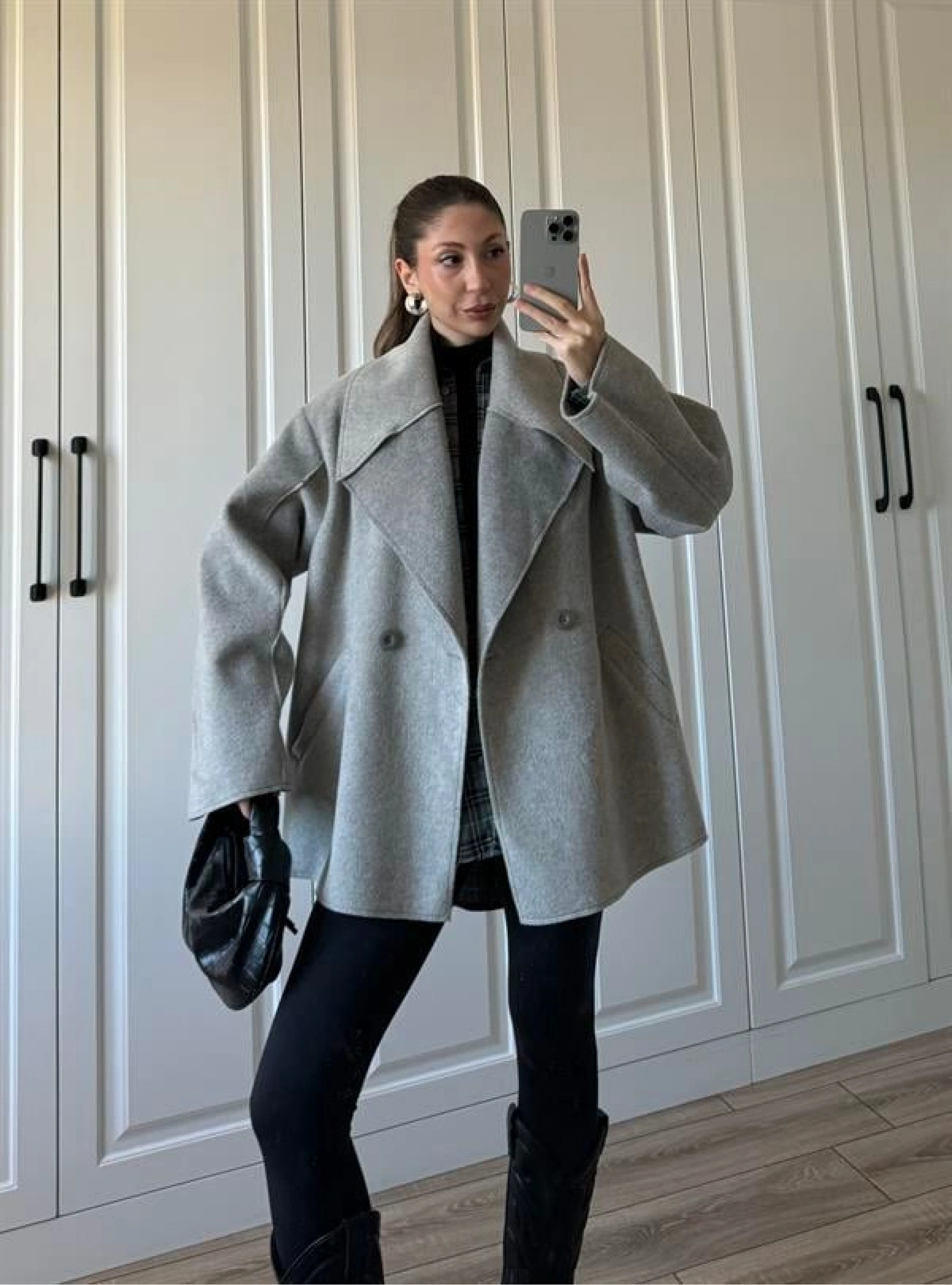 Geniş Yaka Oversize Gri Kaban