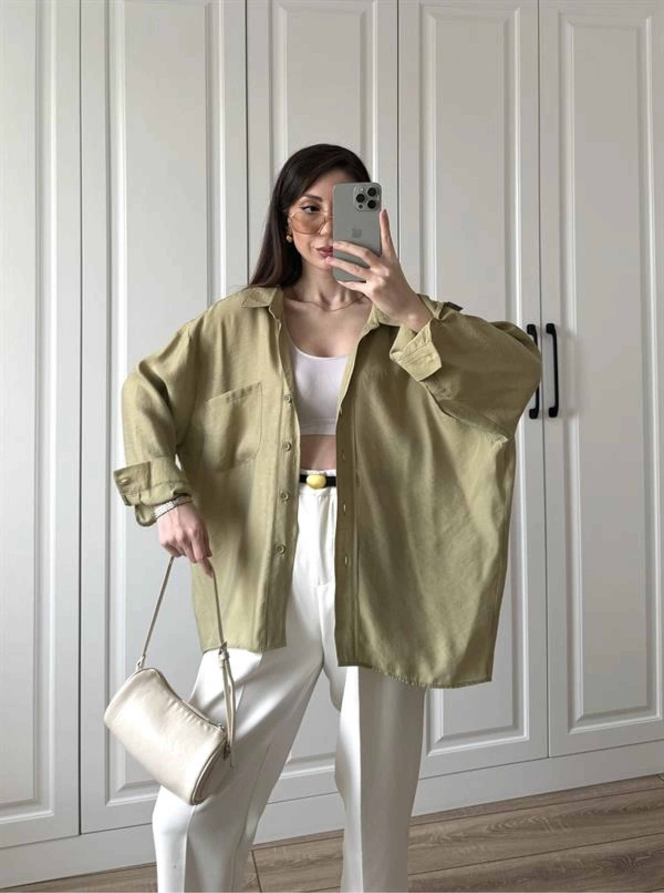Haki Oversize Tensel Gömlek