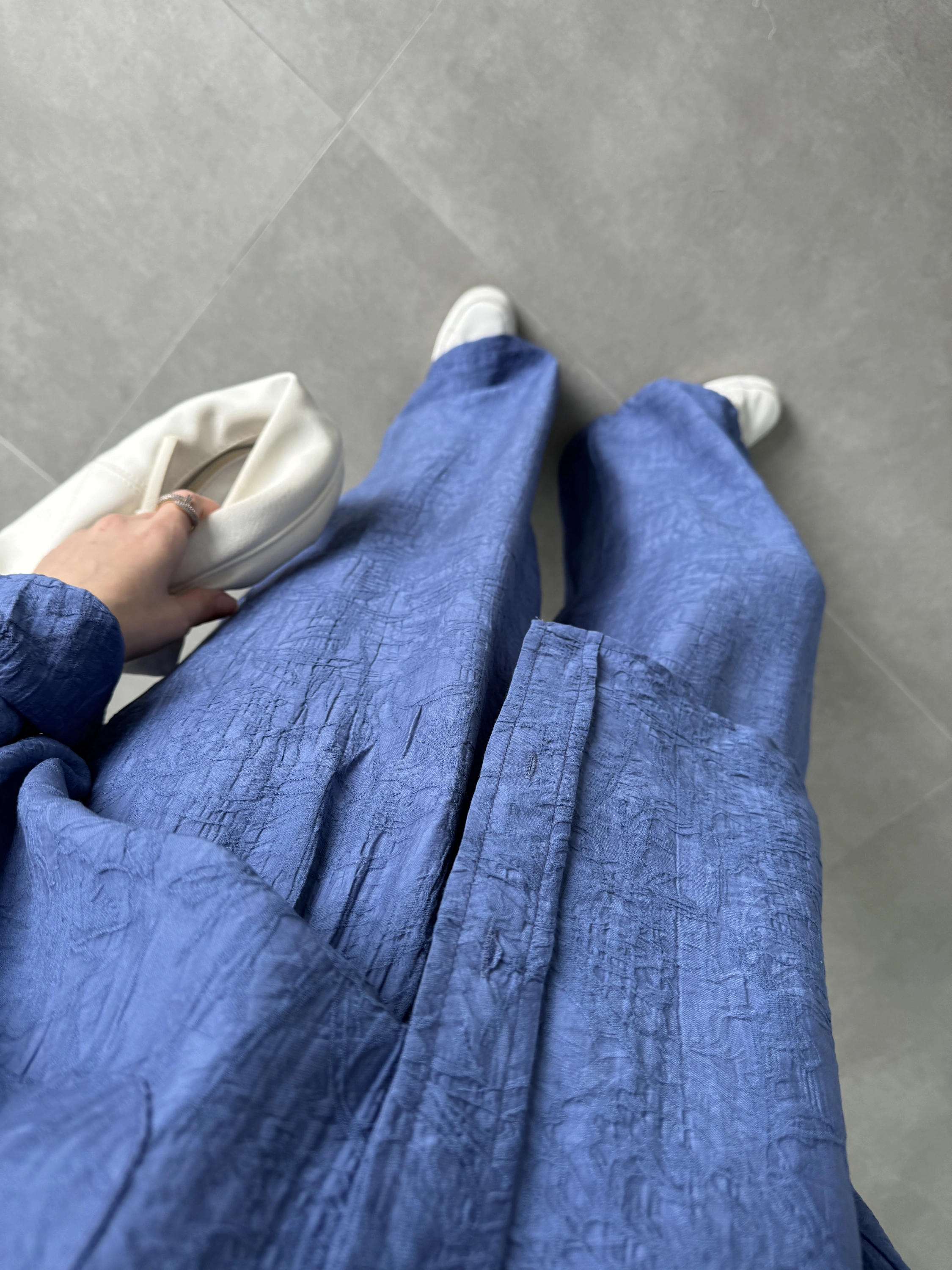 İthal Kumaş Desenli Oversize Saks Mavi Gömlek Takım