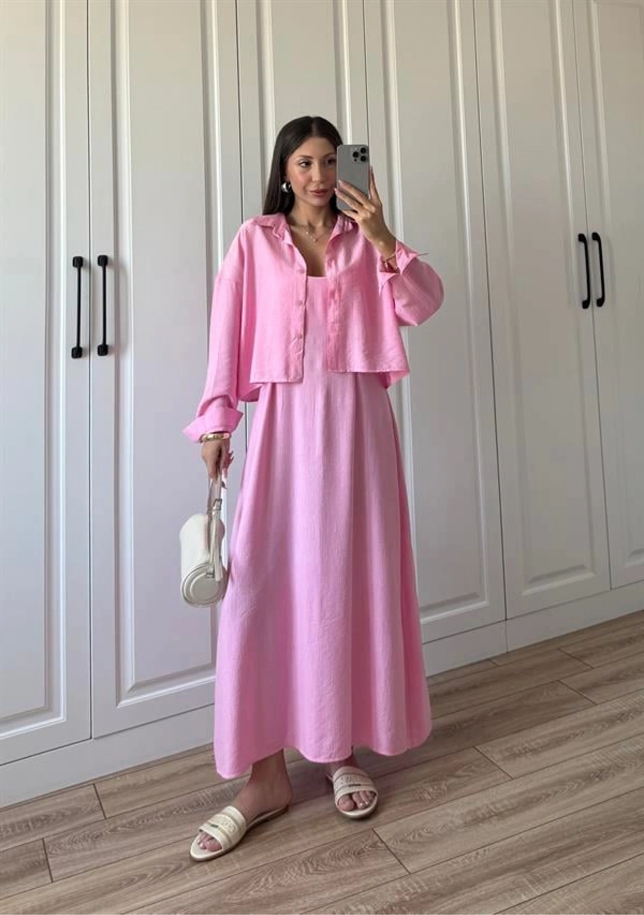 İthal Kumaş Premium Askılı Pembe Gömlek Elbise