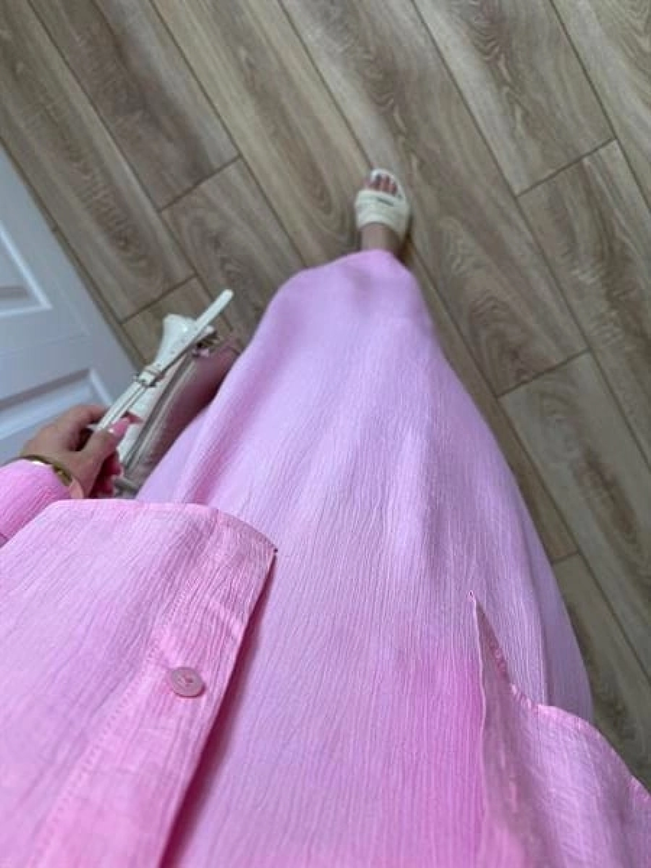 İthal Kumaş Premium Askılı Pembe Gömlek Elbise