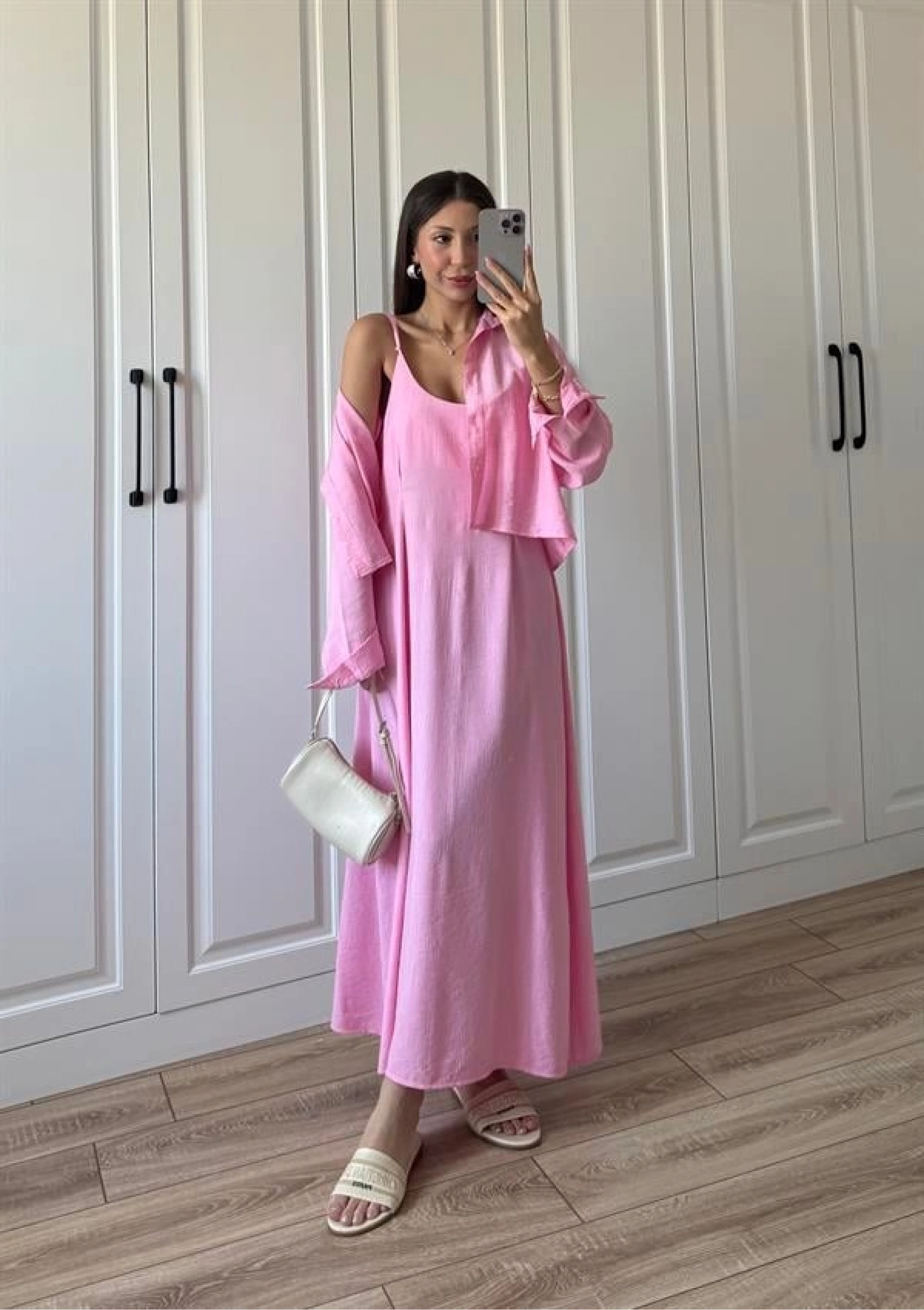 İthal Kumaş Premium Askılı Pembe Gömlek Elbise