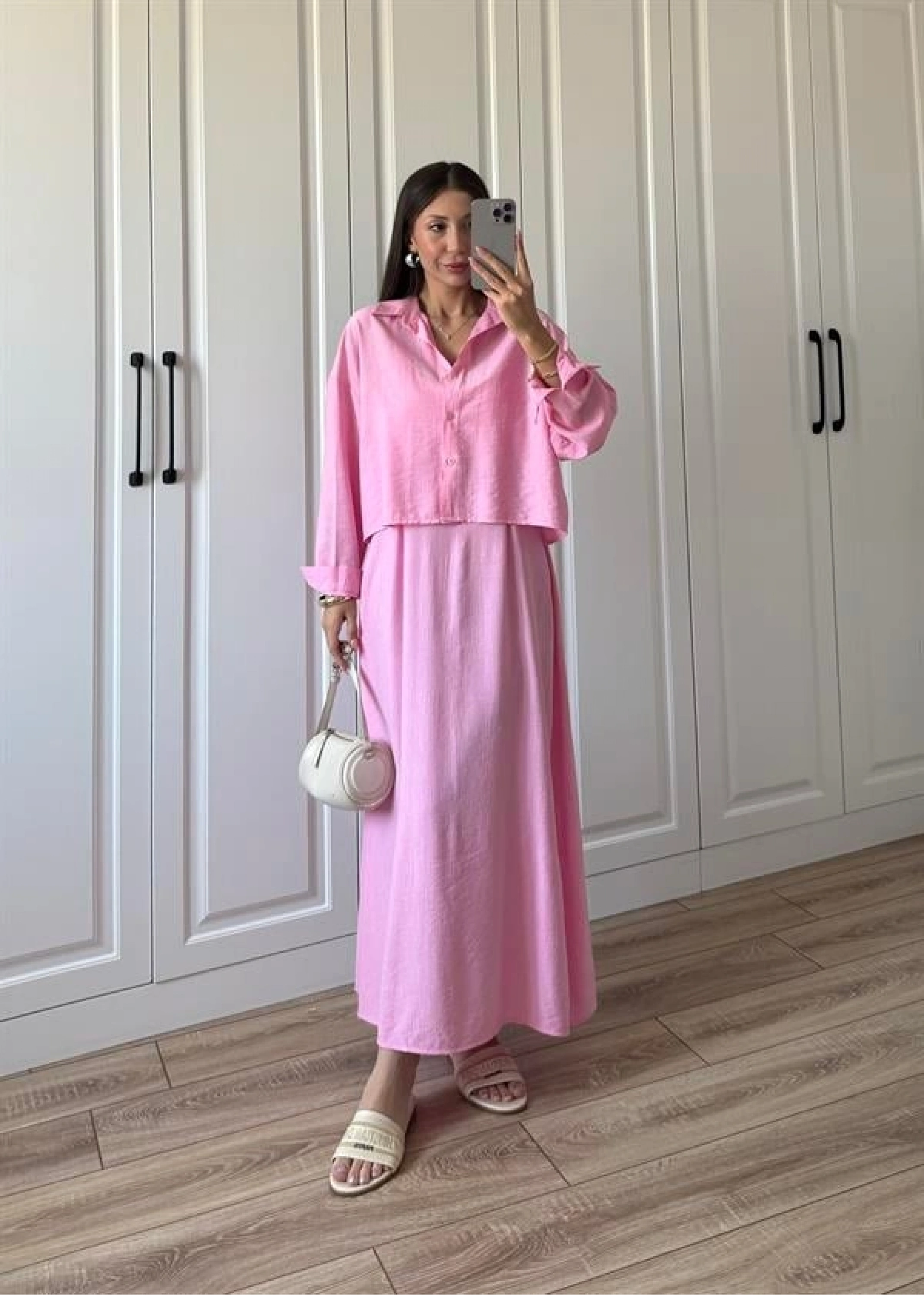 İthal Kumaş Premium Askılı Pembe Gömlek Elbise