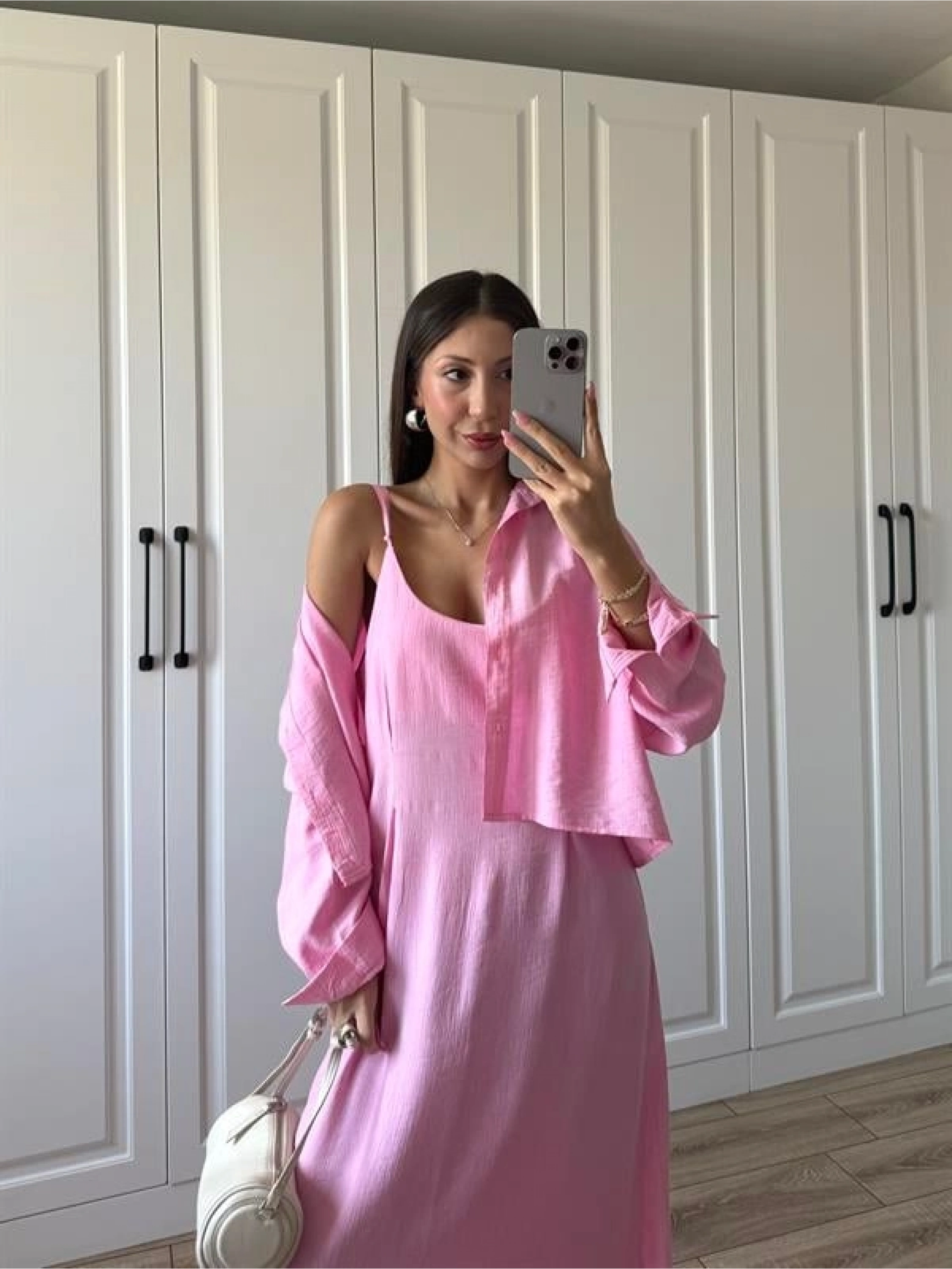 İthal Kumaş Premium Askılı Pembe Gömlek Elbise