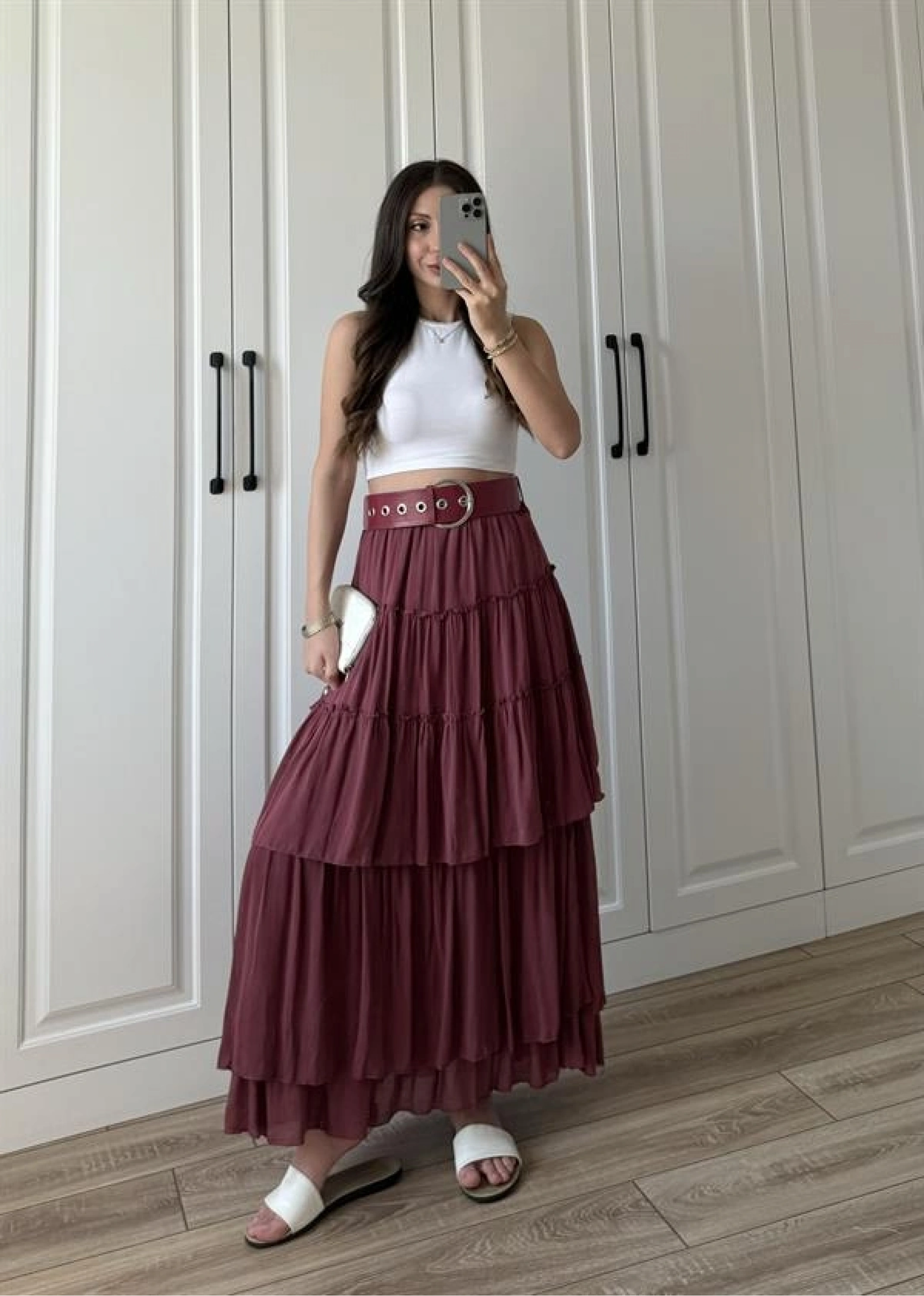 Katlı Boho Vual Kemerli Bordo Etek