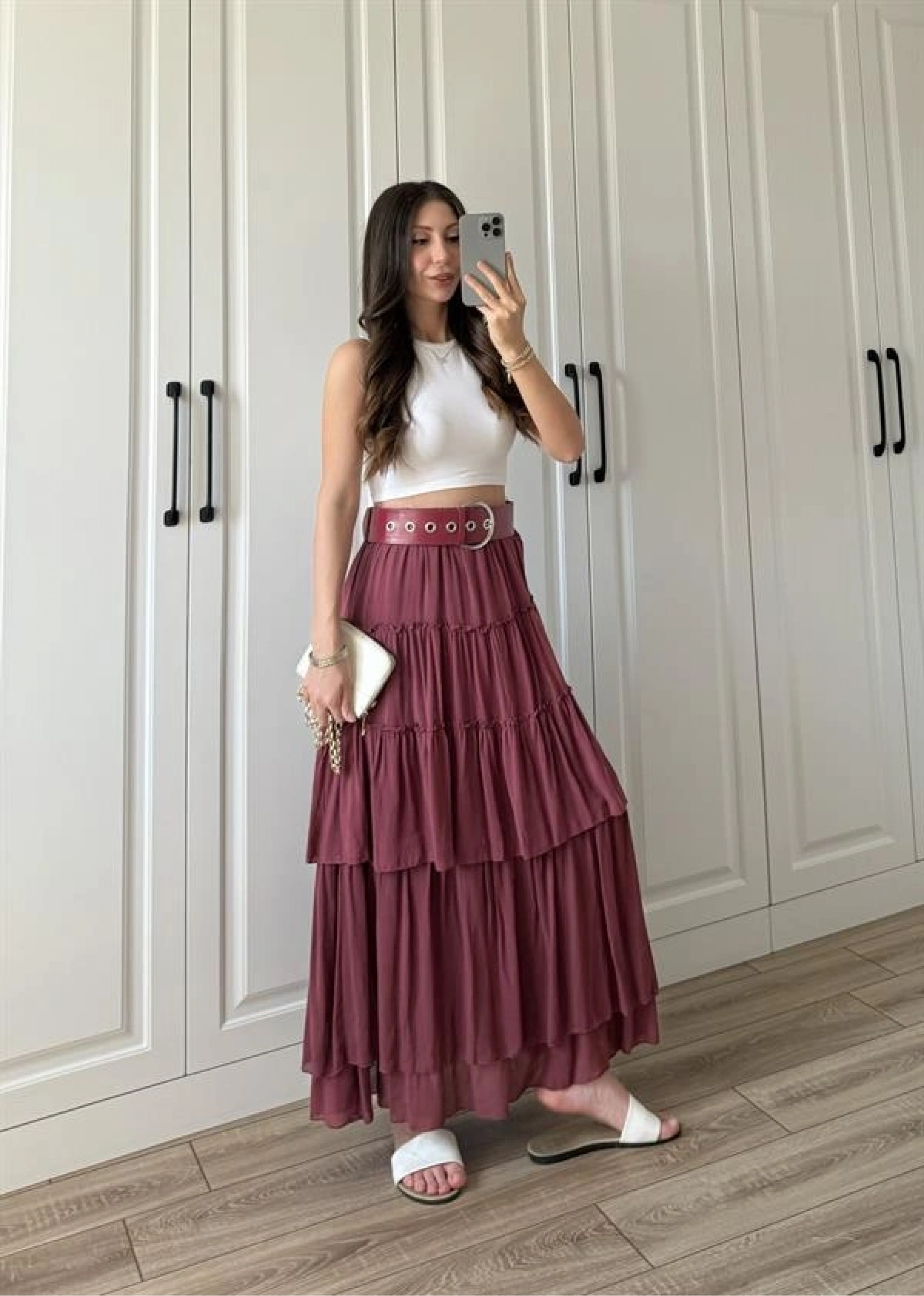 Katlı Boho Vual Kemerli Bordo Etek