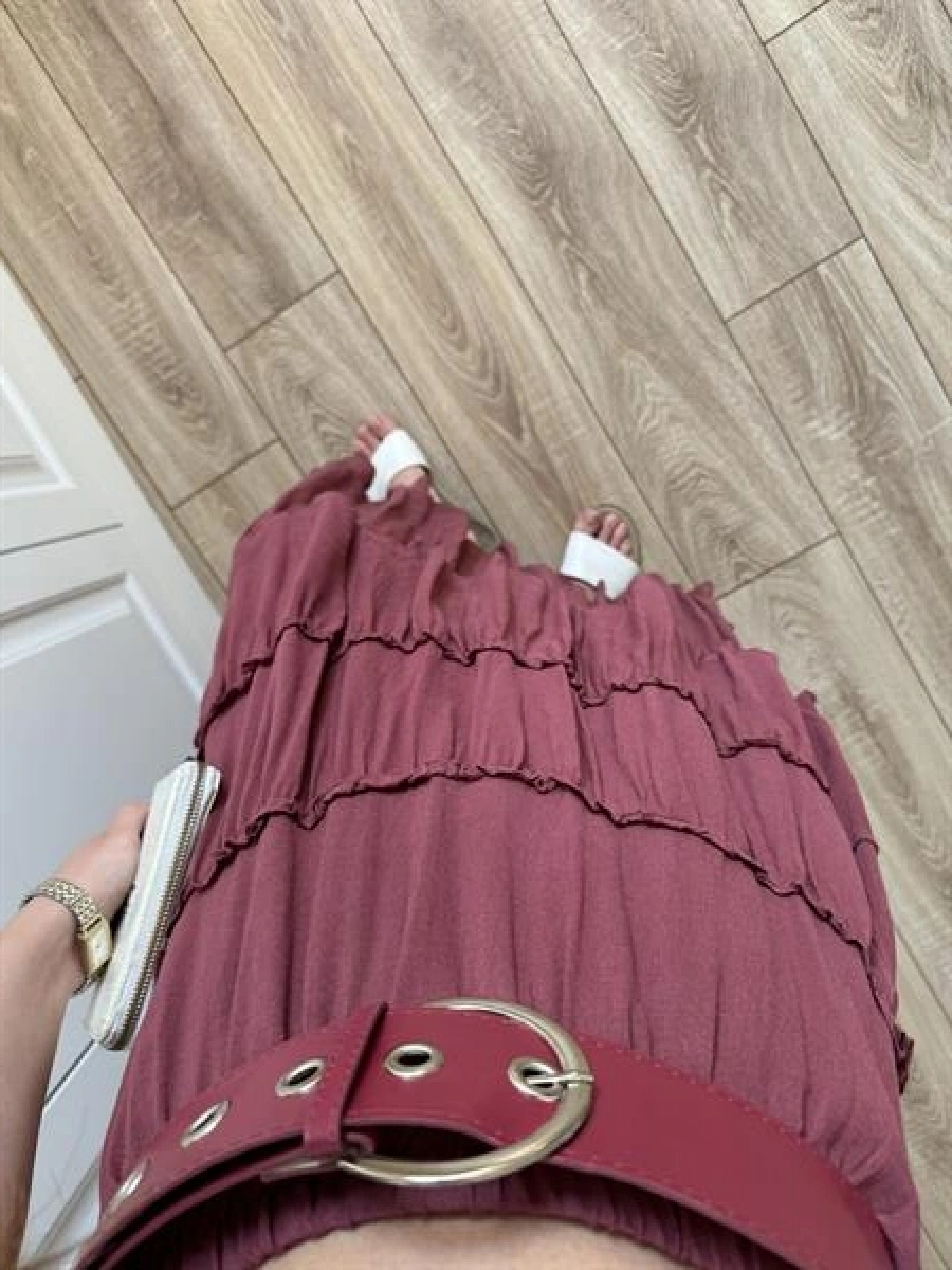Katlı Boho Vual Kemerli Bordo Etek