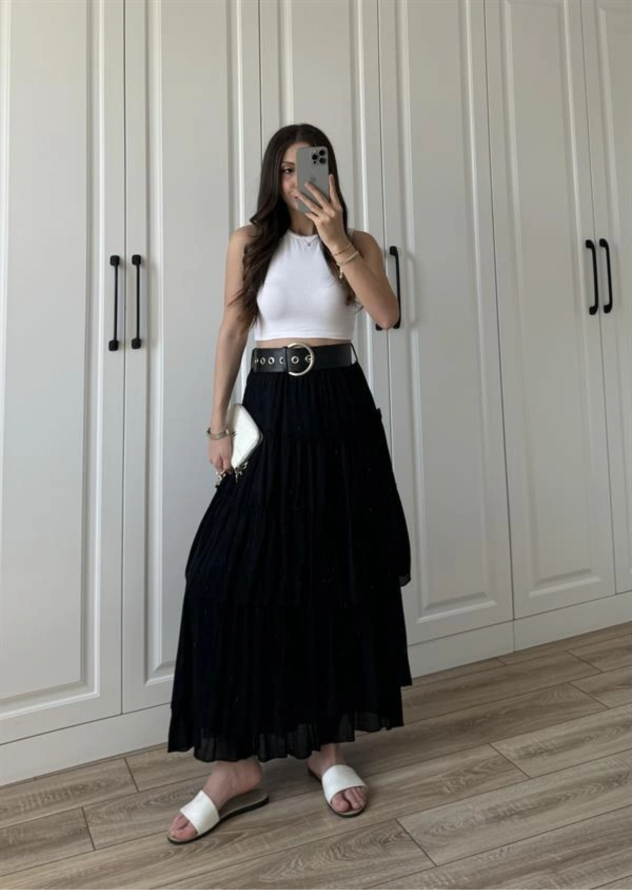 Katlı Boho Vual Kemerli Siyah Etek