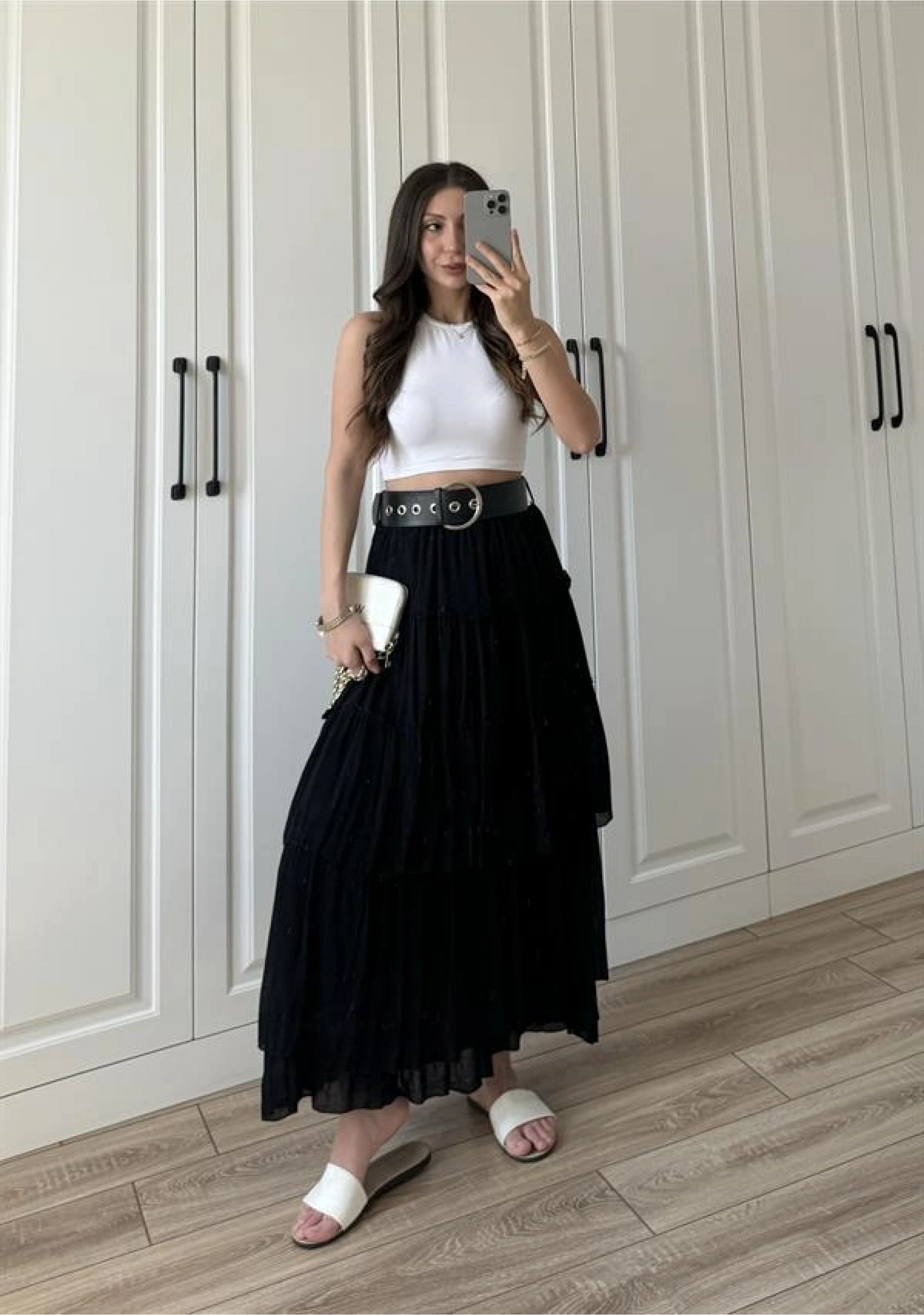 Katlı Boho Vual Kemerli Siyah Etek