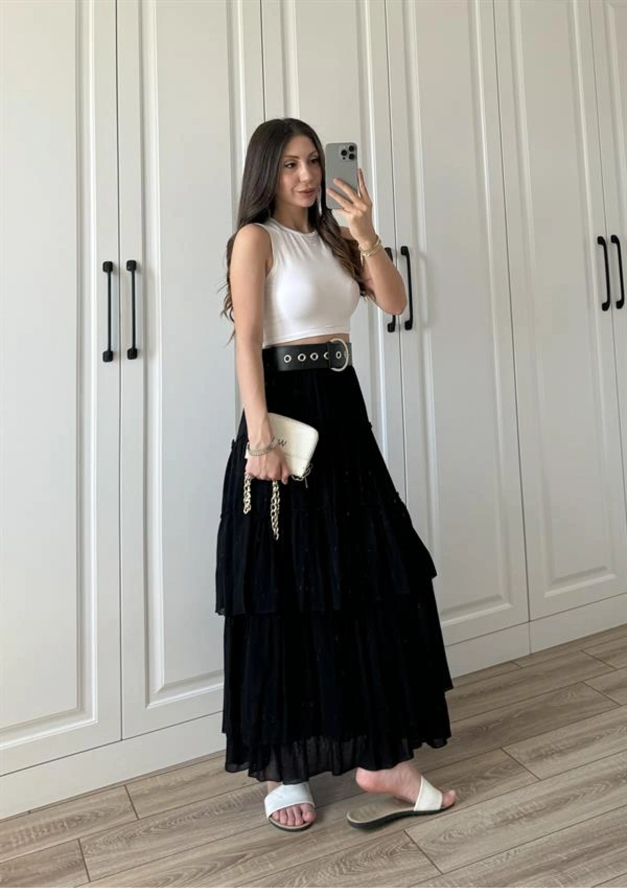 Katlı Boho Vual Kemerli Siyah Etek