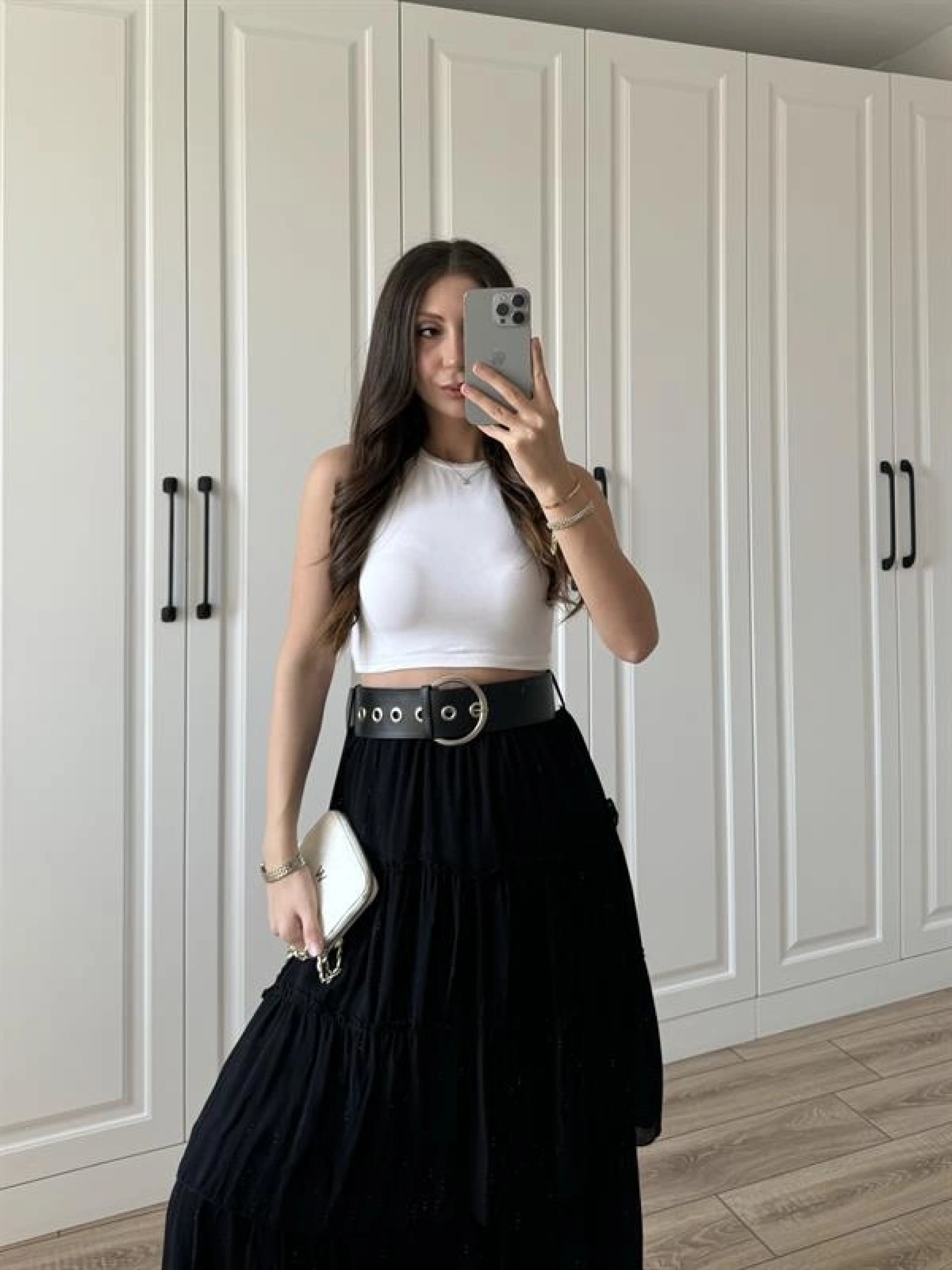 Katlı Boho Vual Kemerli Siyah Etek