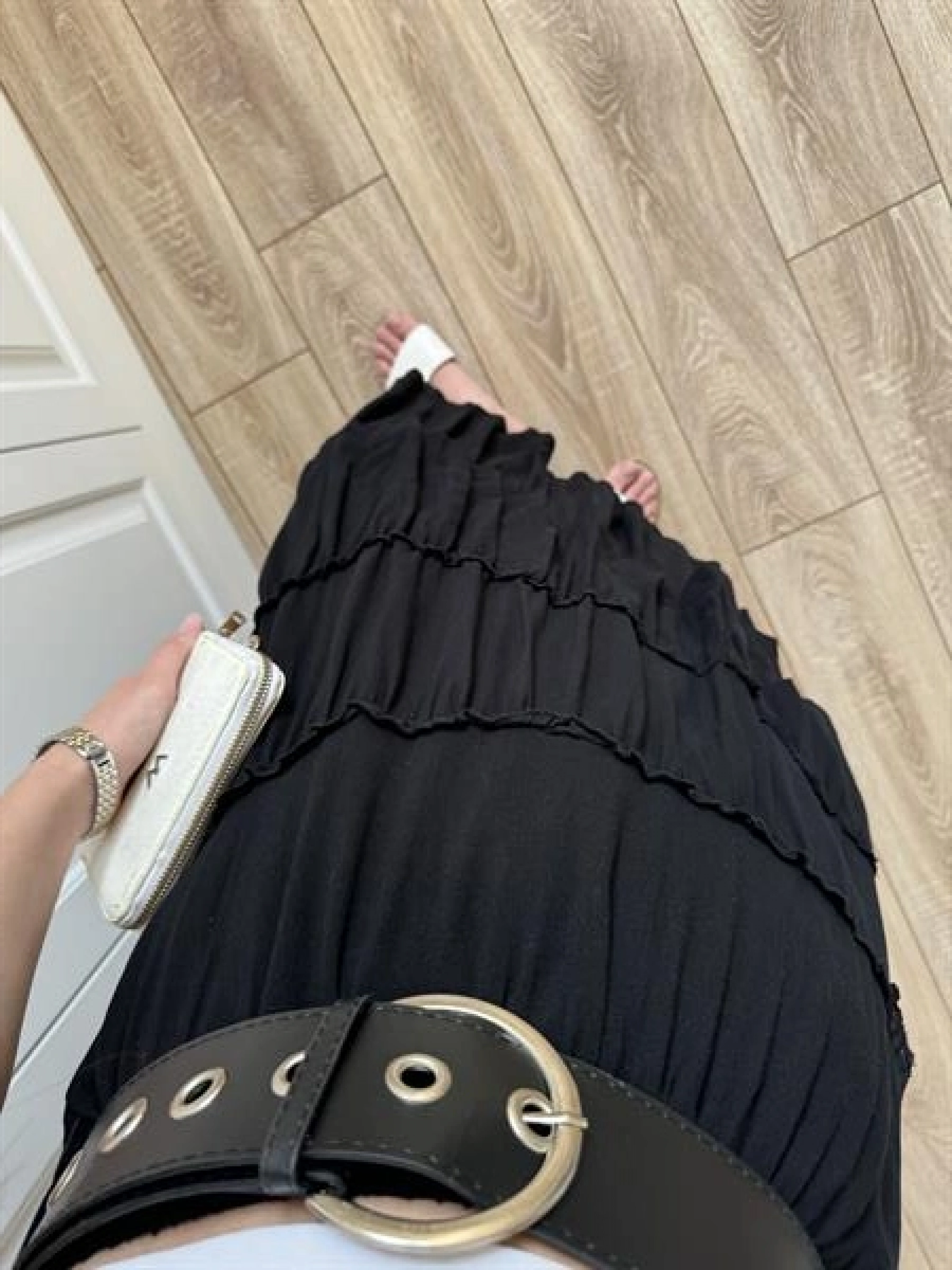 Katlı Boho Vual Kemerli Siyah Etek