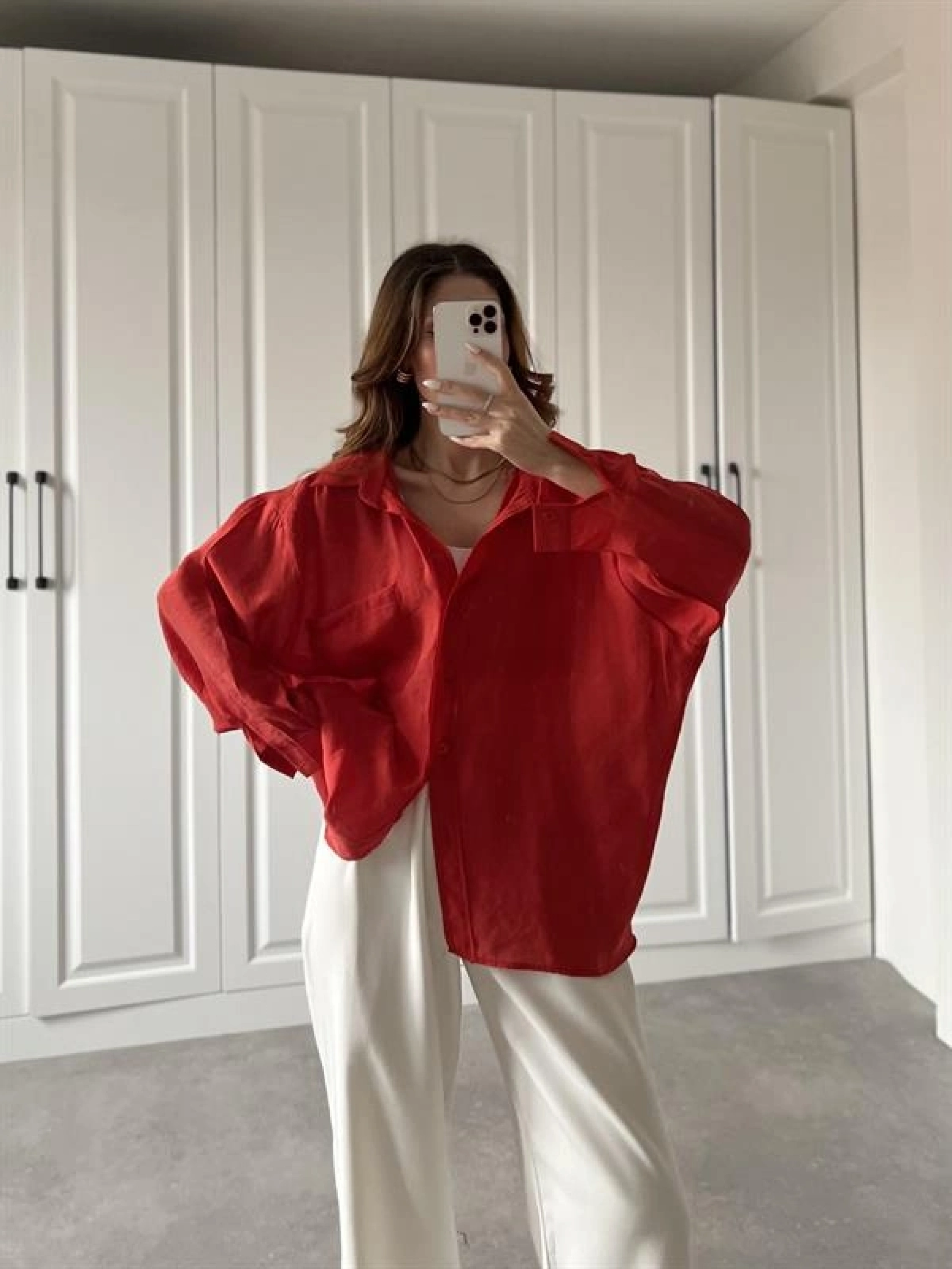 Kırmızı Oversize Tensel Gömlek