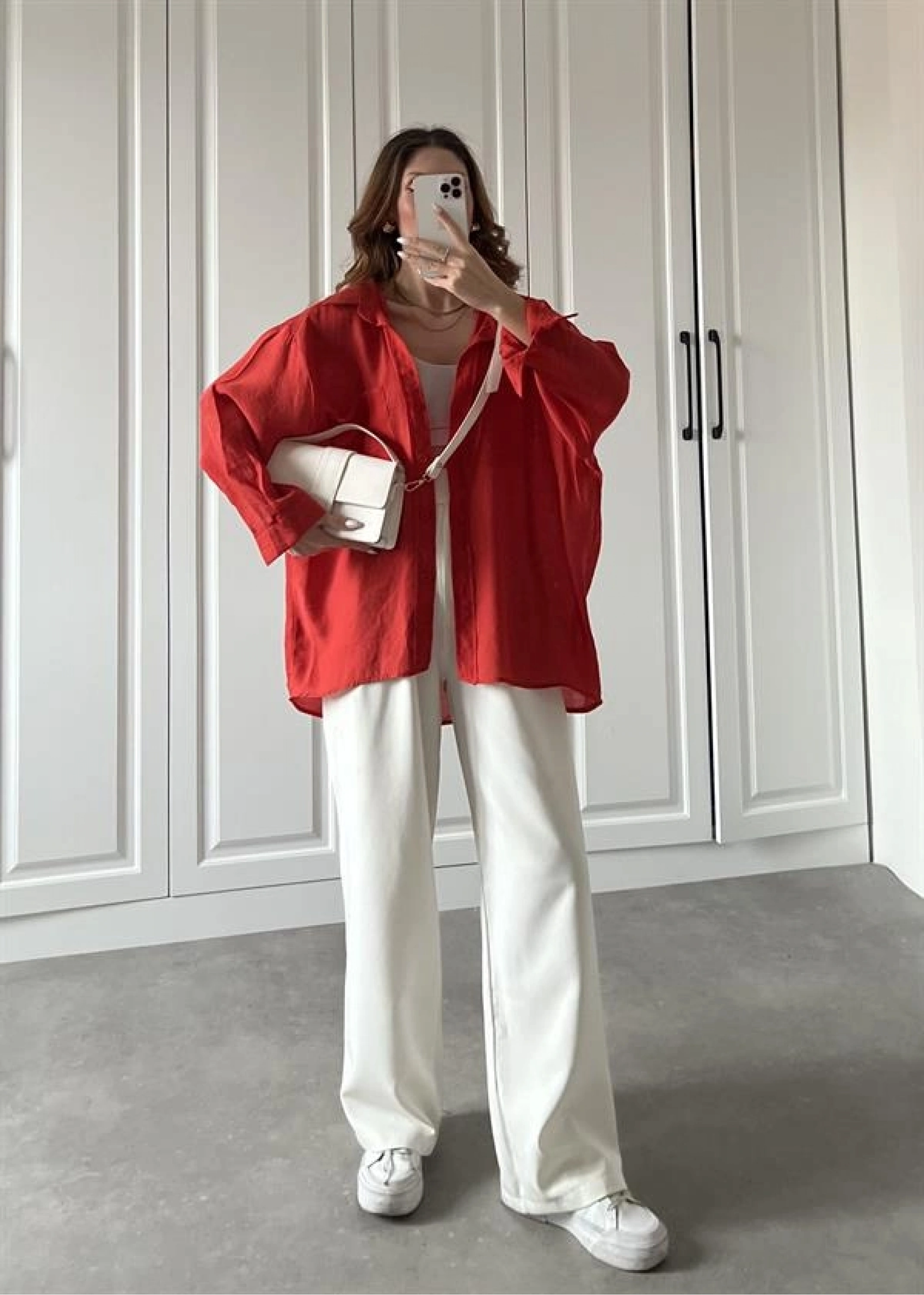 Kırmızı Oversize Tensel Gömlek
