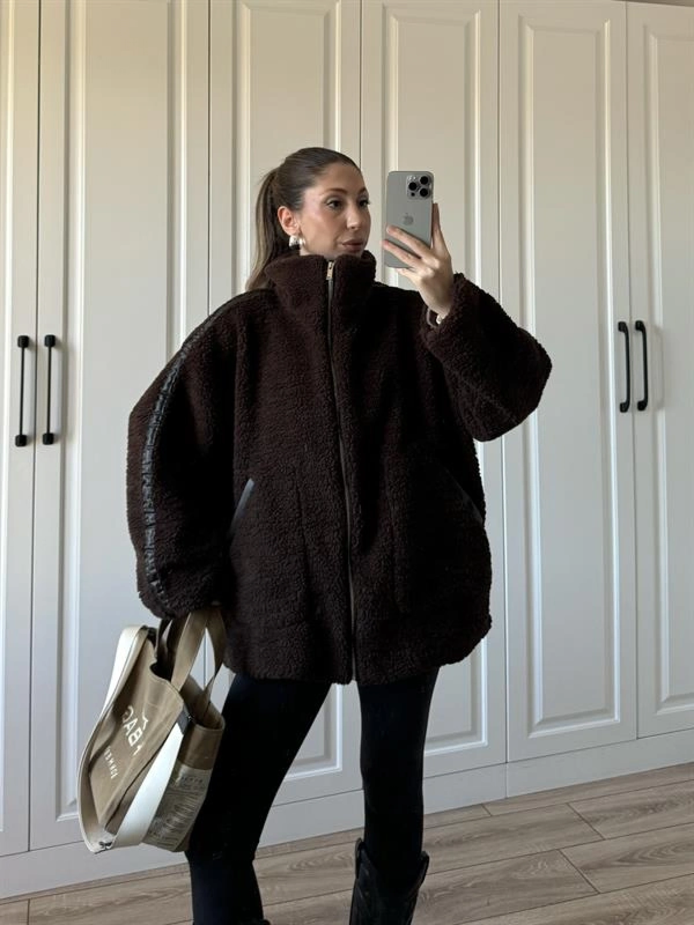 Koza Oversize Astarlı Premium Kahve Peluş Ceket