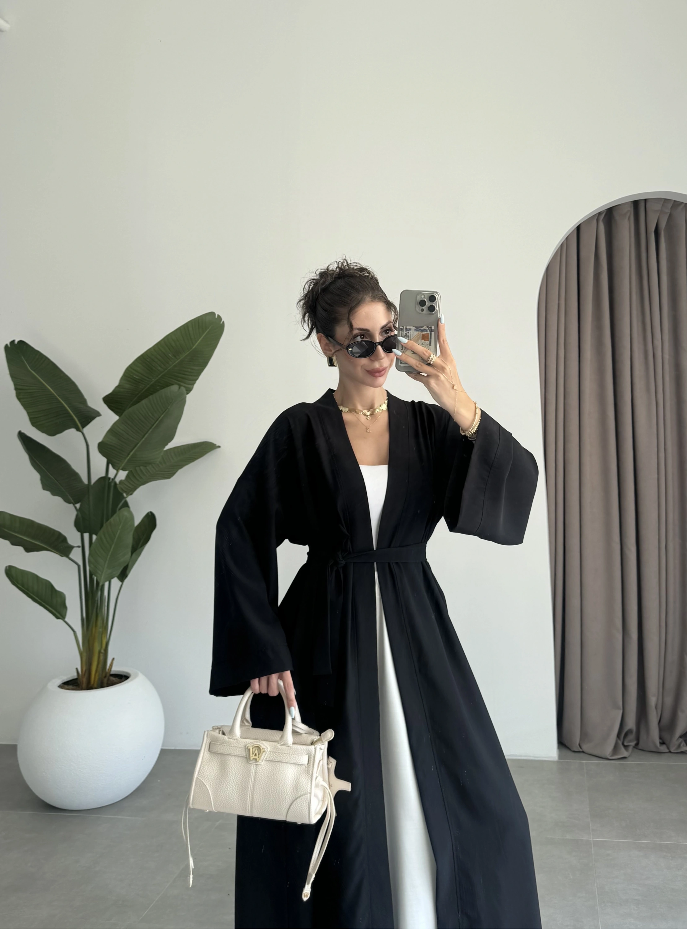 Kuşaklı Tam Boy Siyah Kimono