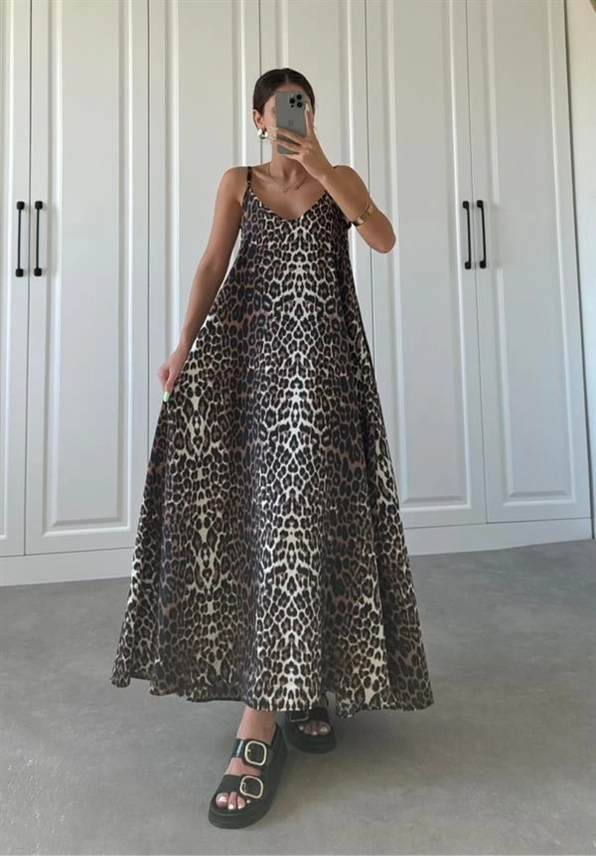 Leopar Askılı Oversize Elbise