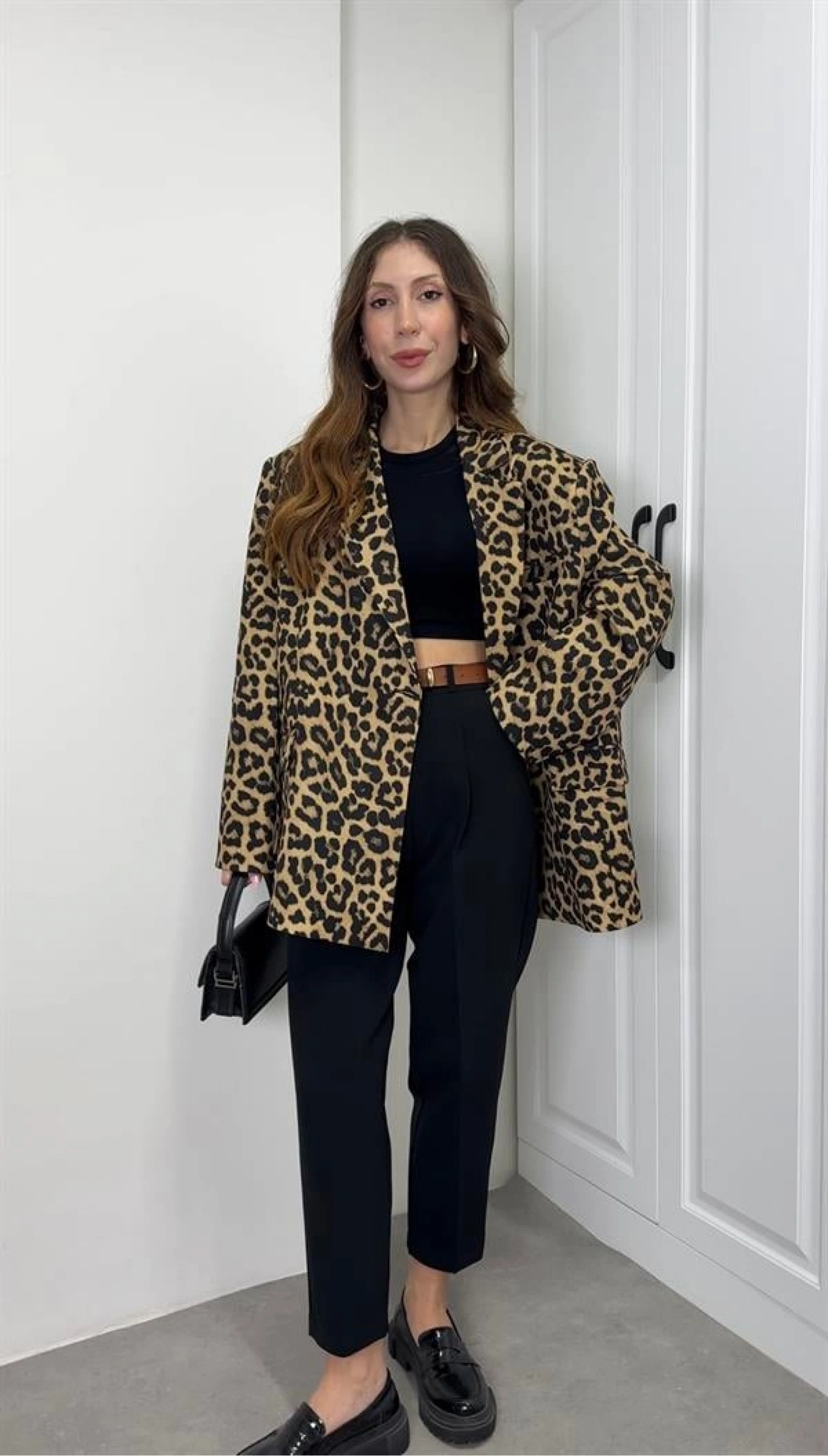 Leopar Astarlı Oversize Blazer Ceket