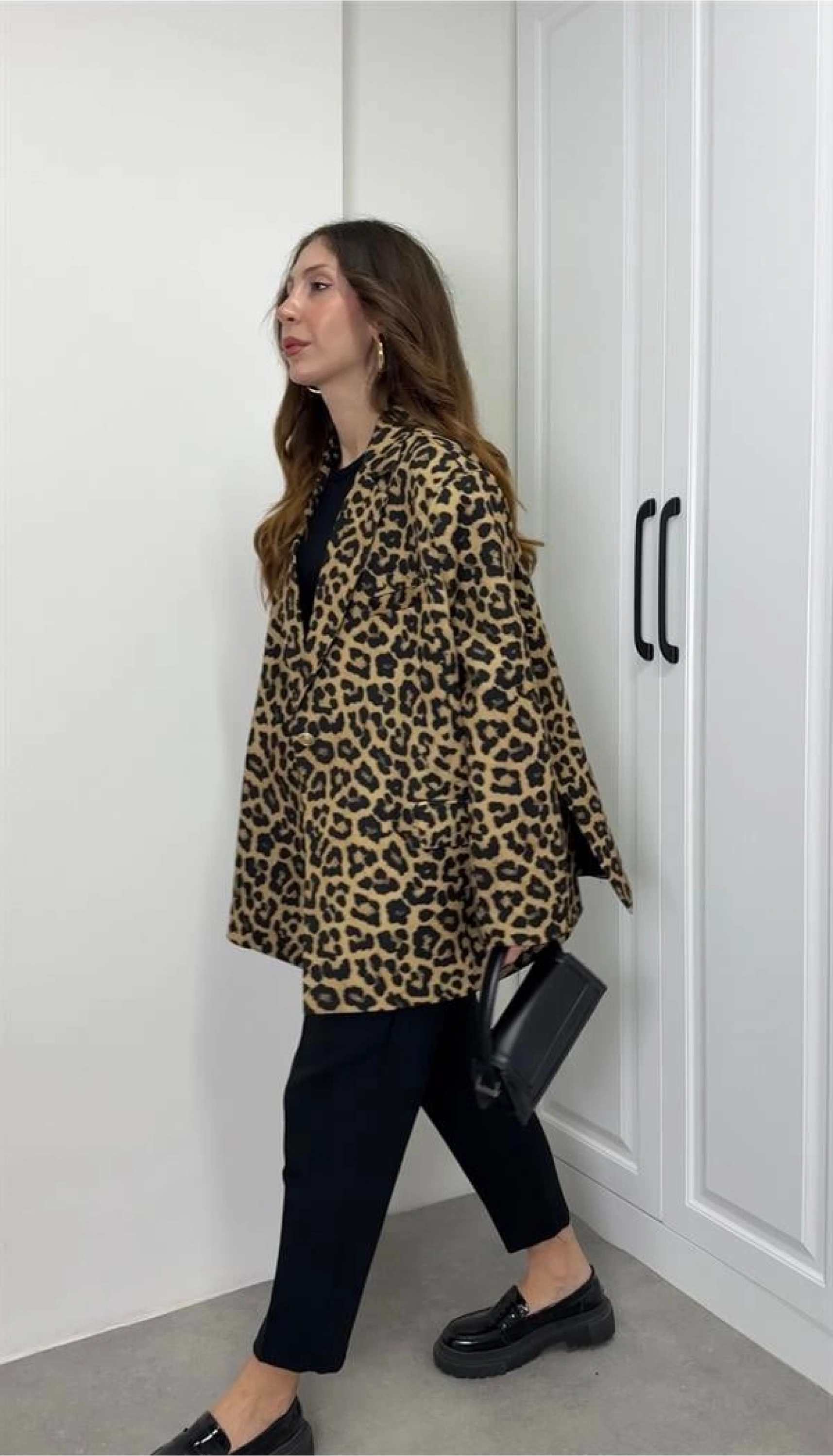 Leopar Astarlı Oversize Blazer Ceket