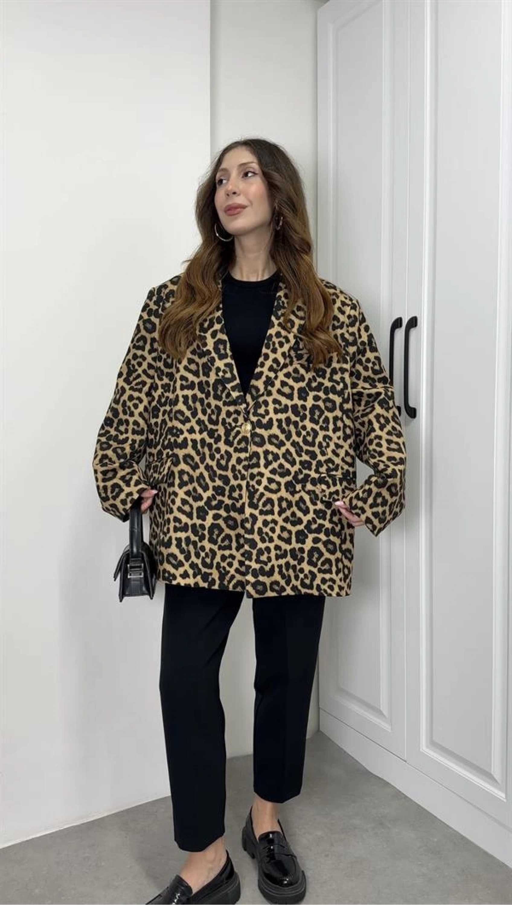 Leopar Astarlı Oversize Blazer Ceket