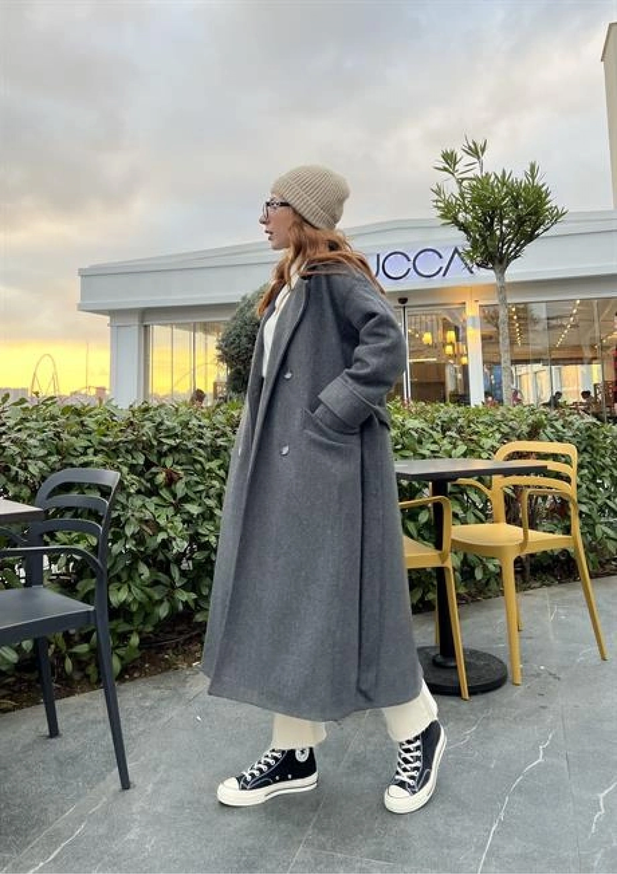 Mango Model Premium Kuşaklı Antrasit Oversize Kaban