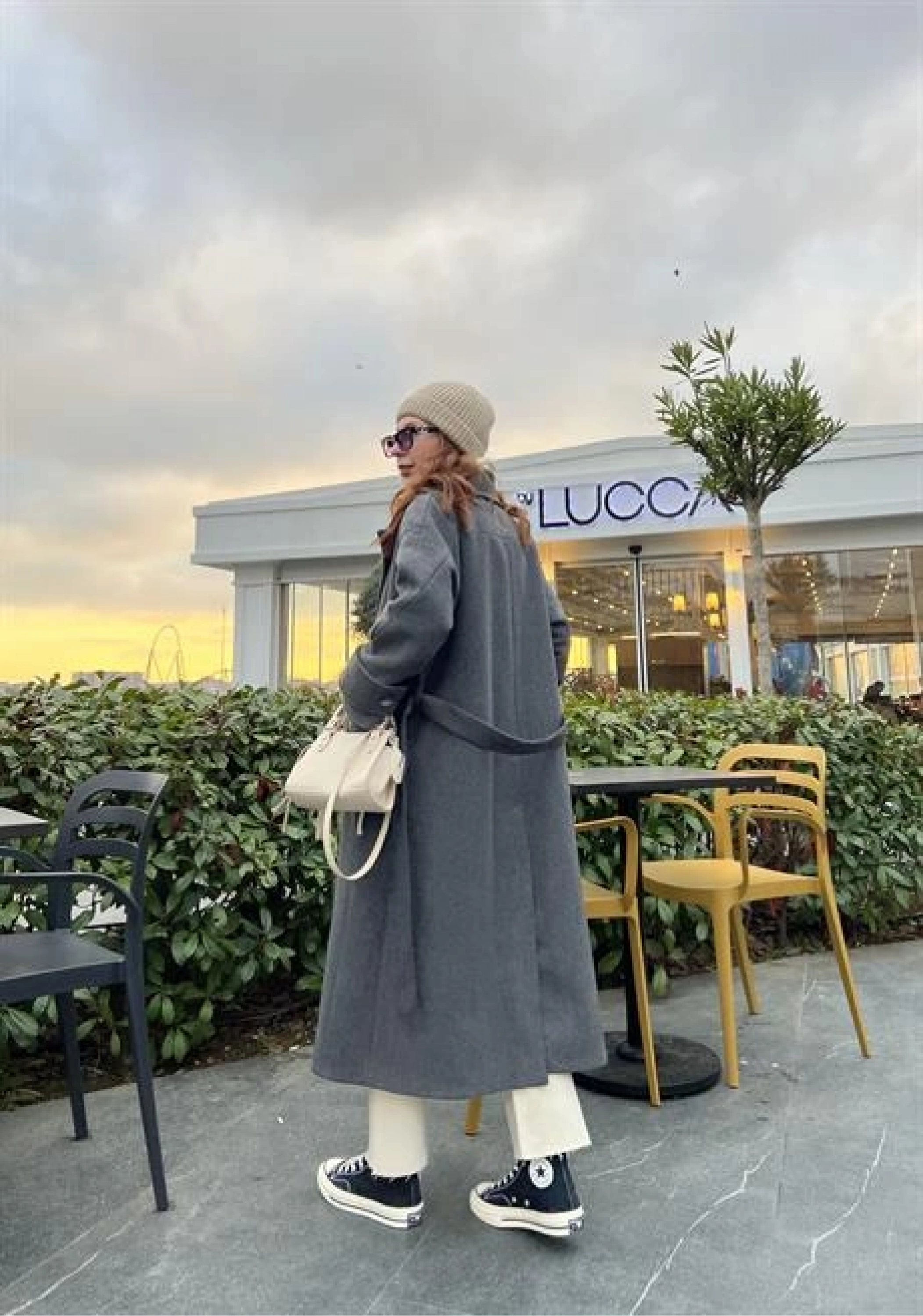 Mango Model Premium Kuşaklı Antrasit Oversize Kaban