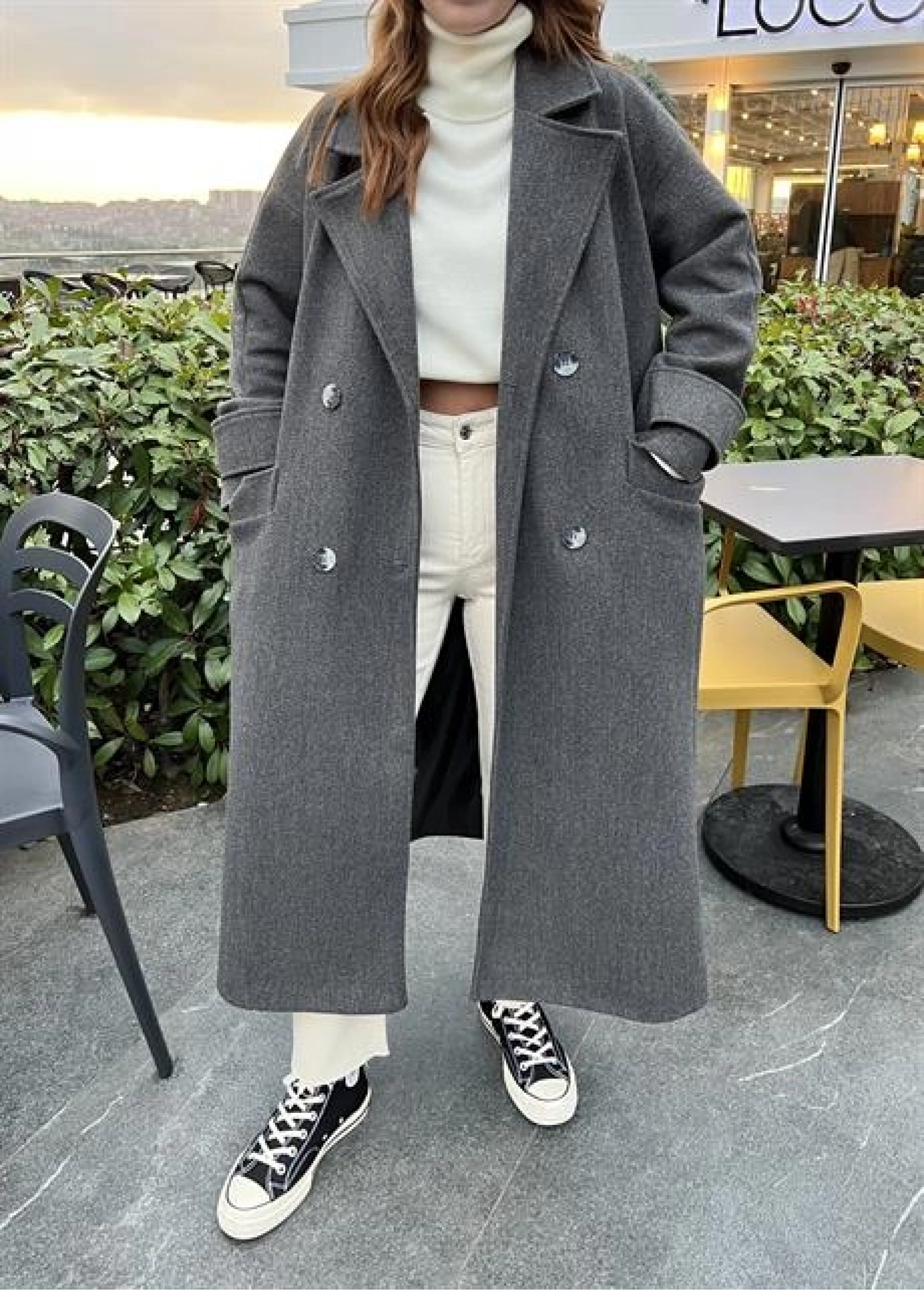Mango Model Premium Kuşaklı Antrasit Oversize Kaban