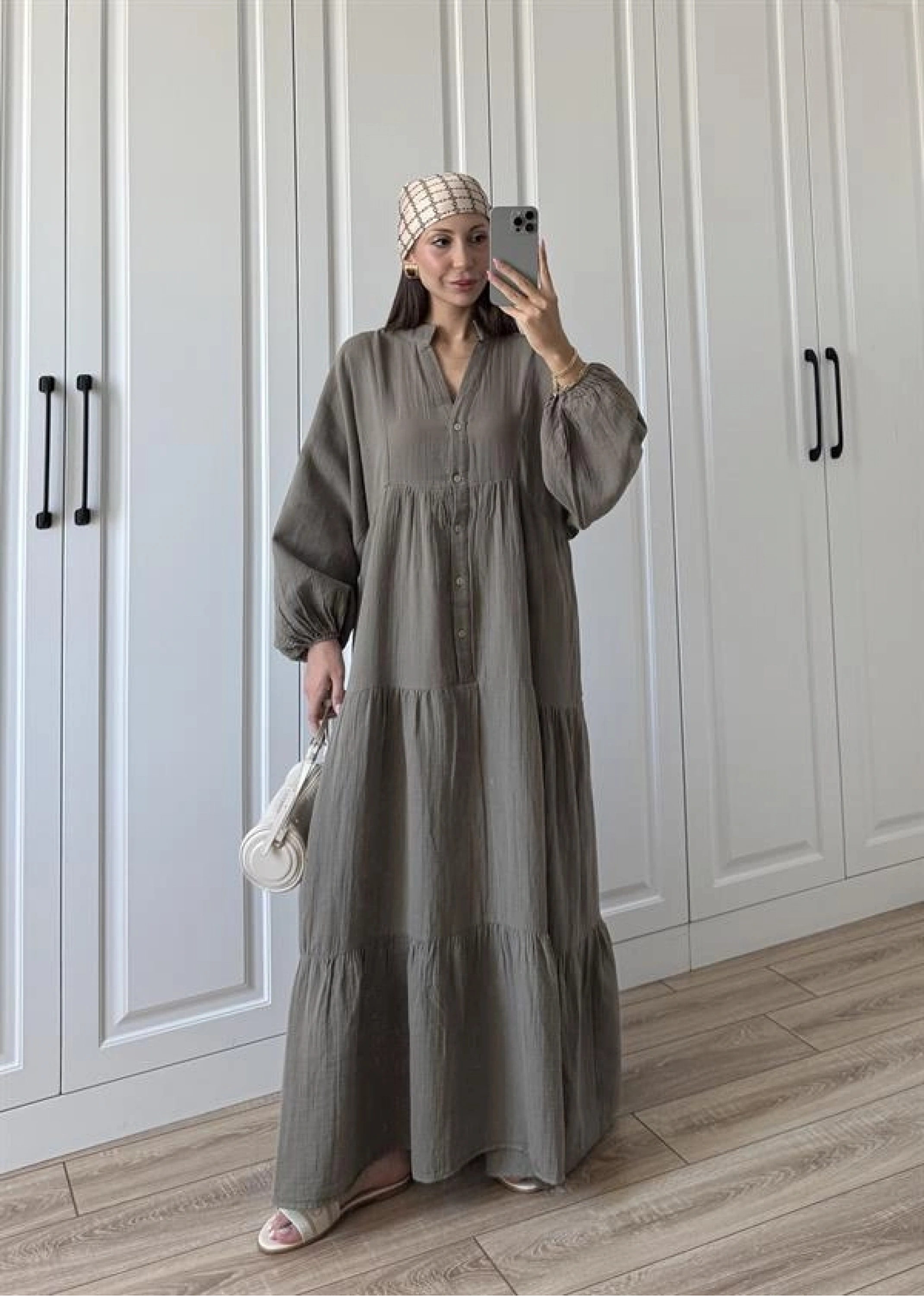 Müslin Kumaş Oversize Haki Elbise