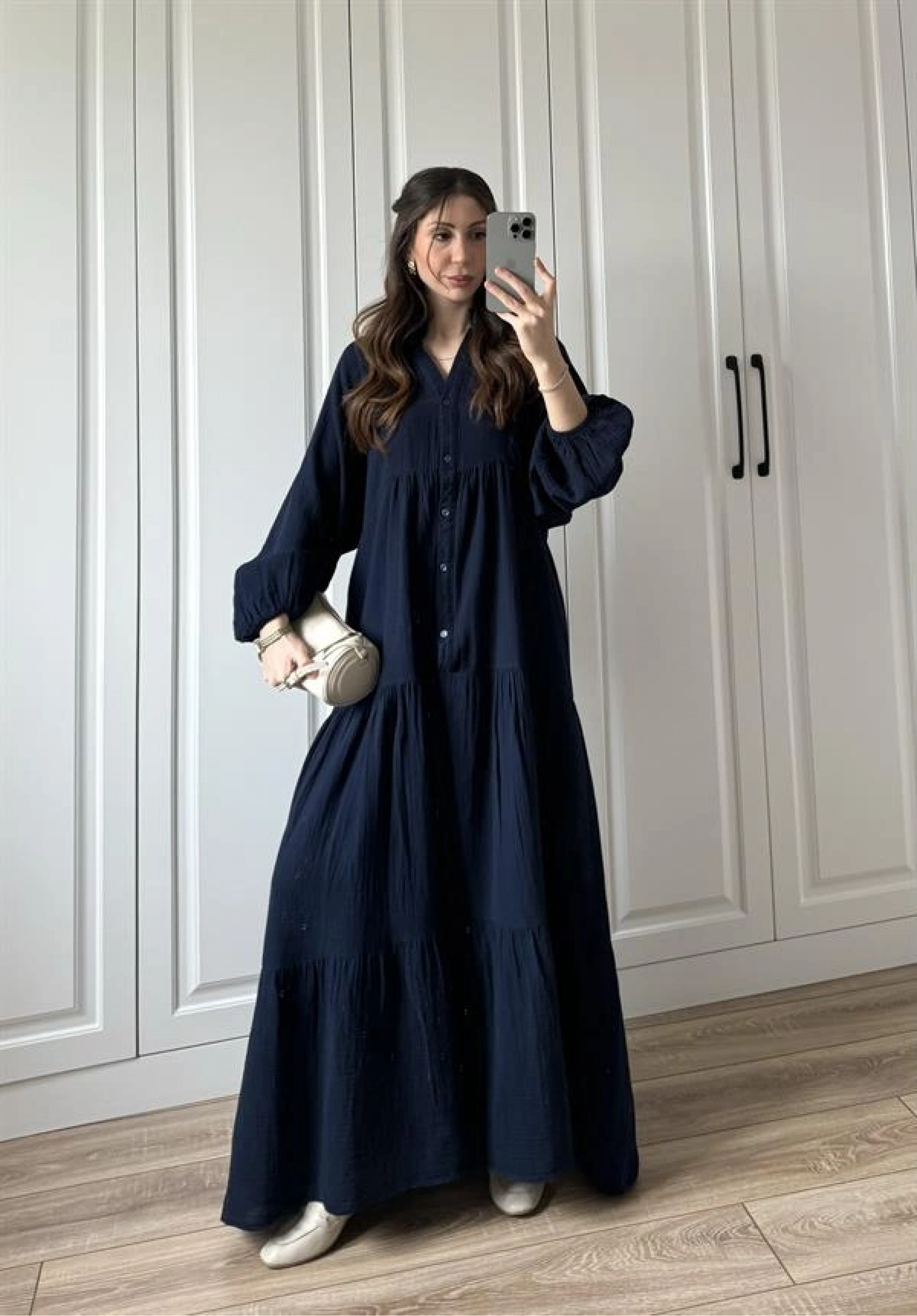 Müslin Kumaş Oversize Lacivert Elbise