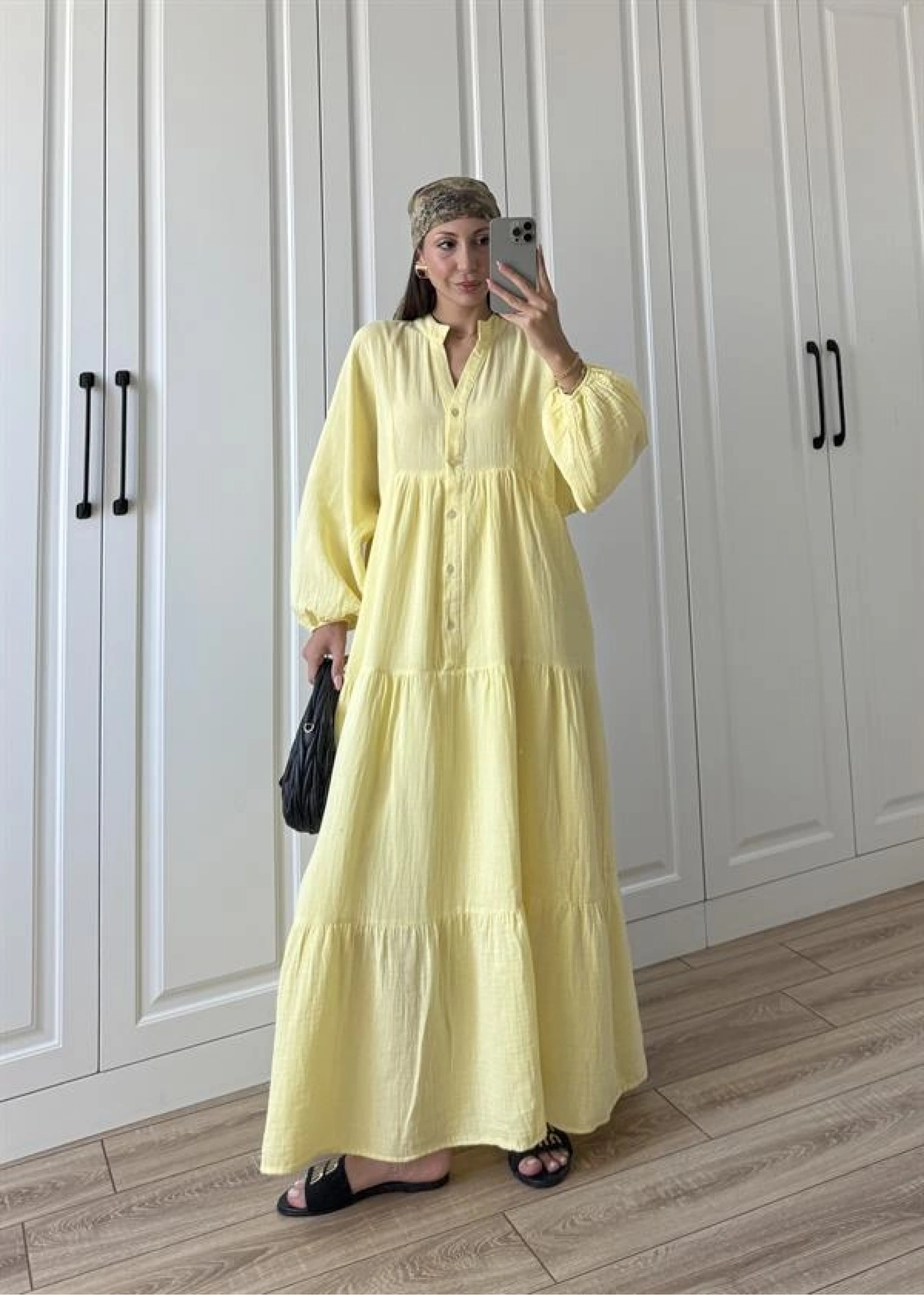 Müslin Kumaş Oversize Sarı Elbise