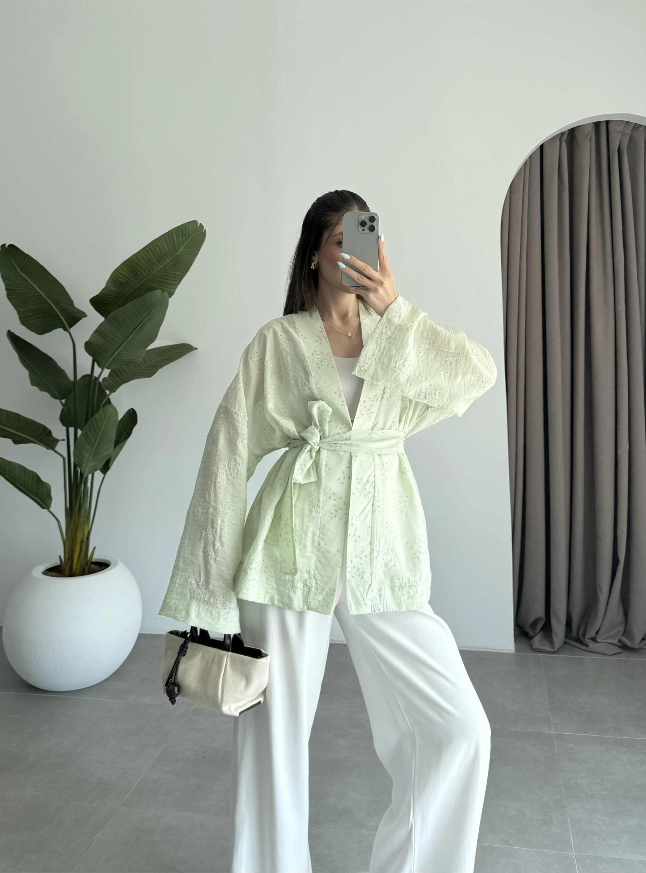 Nakış Baskılı Kuşaklı Adaçayı Kimono