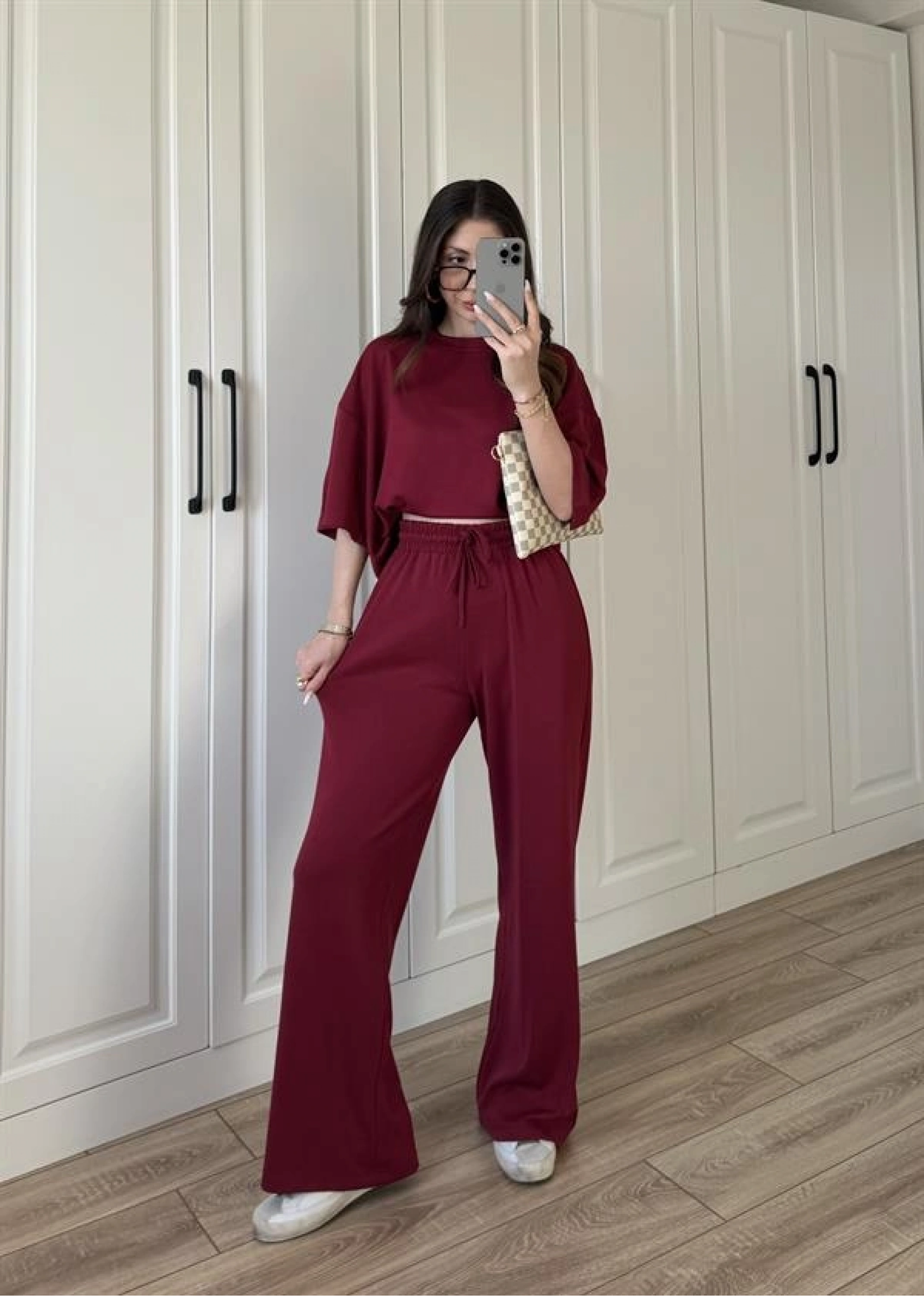 Oysh Moda Kumaş Bordo Basic Kısakollu Takım
