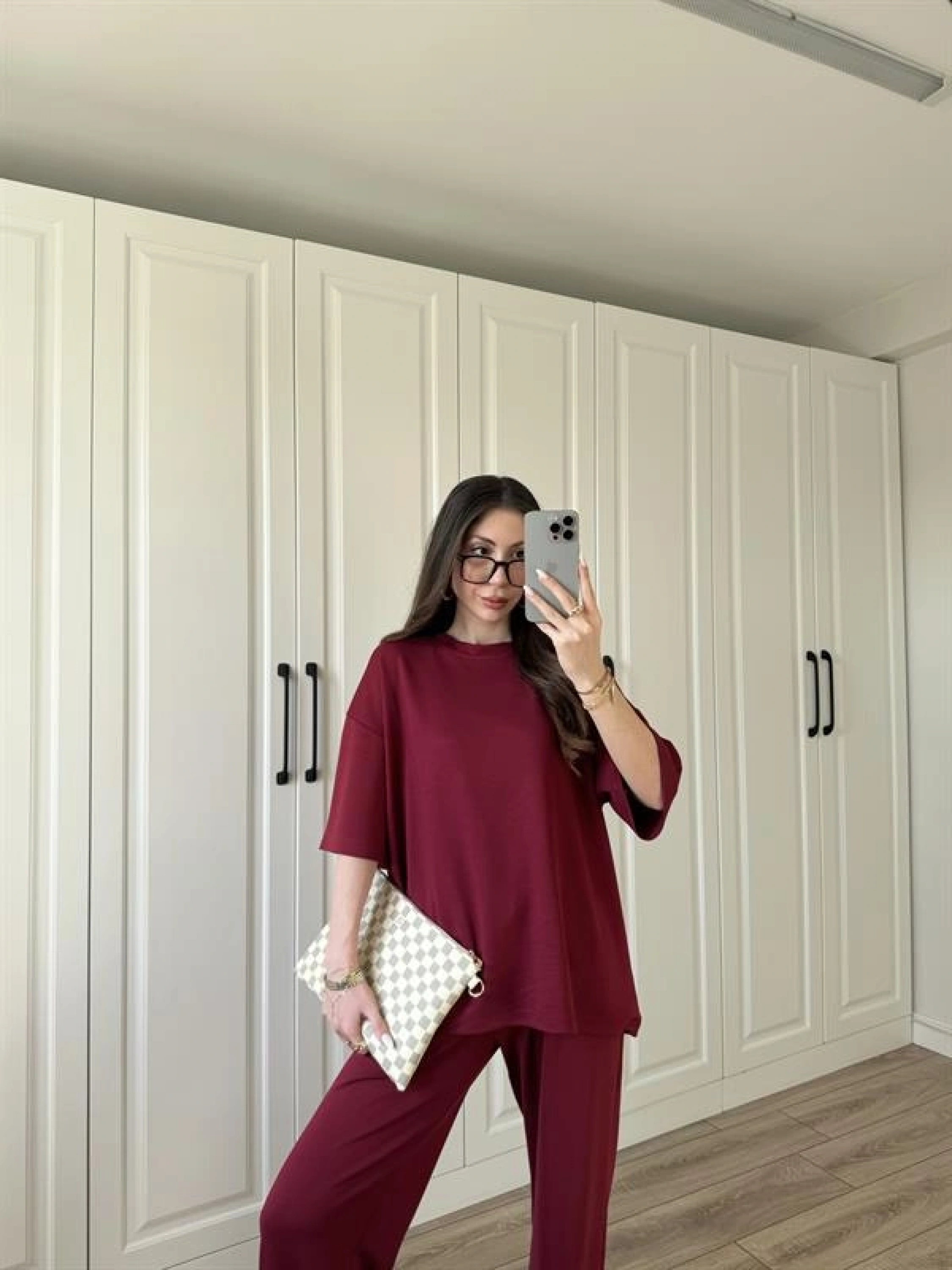 Oysh Moda Kumaş Bordo Basic Kısakollu Takım