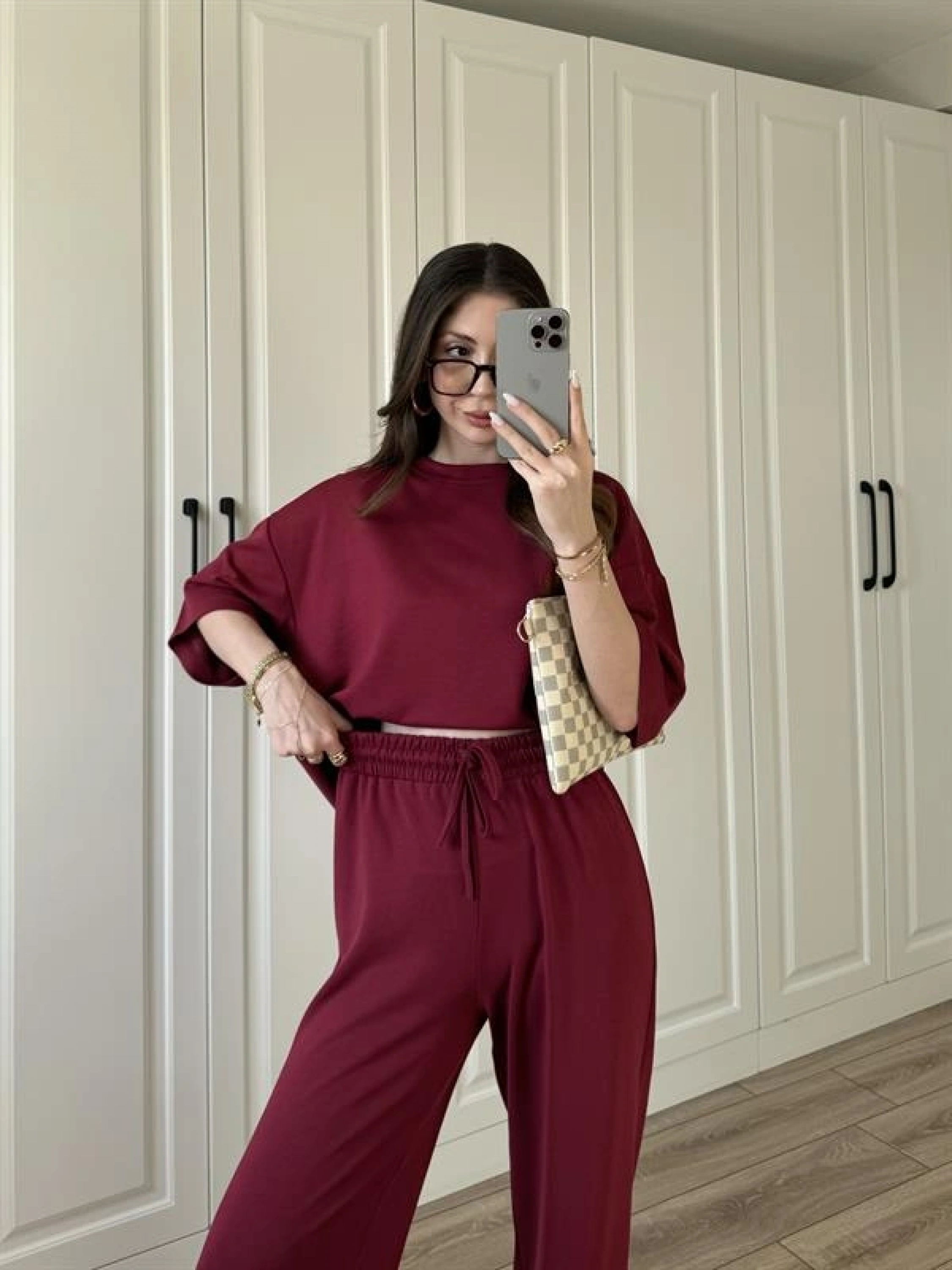 Oysh Moda Kumaş Bordo Basic Kısakollu Takım
