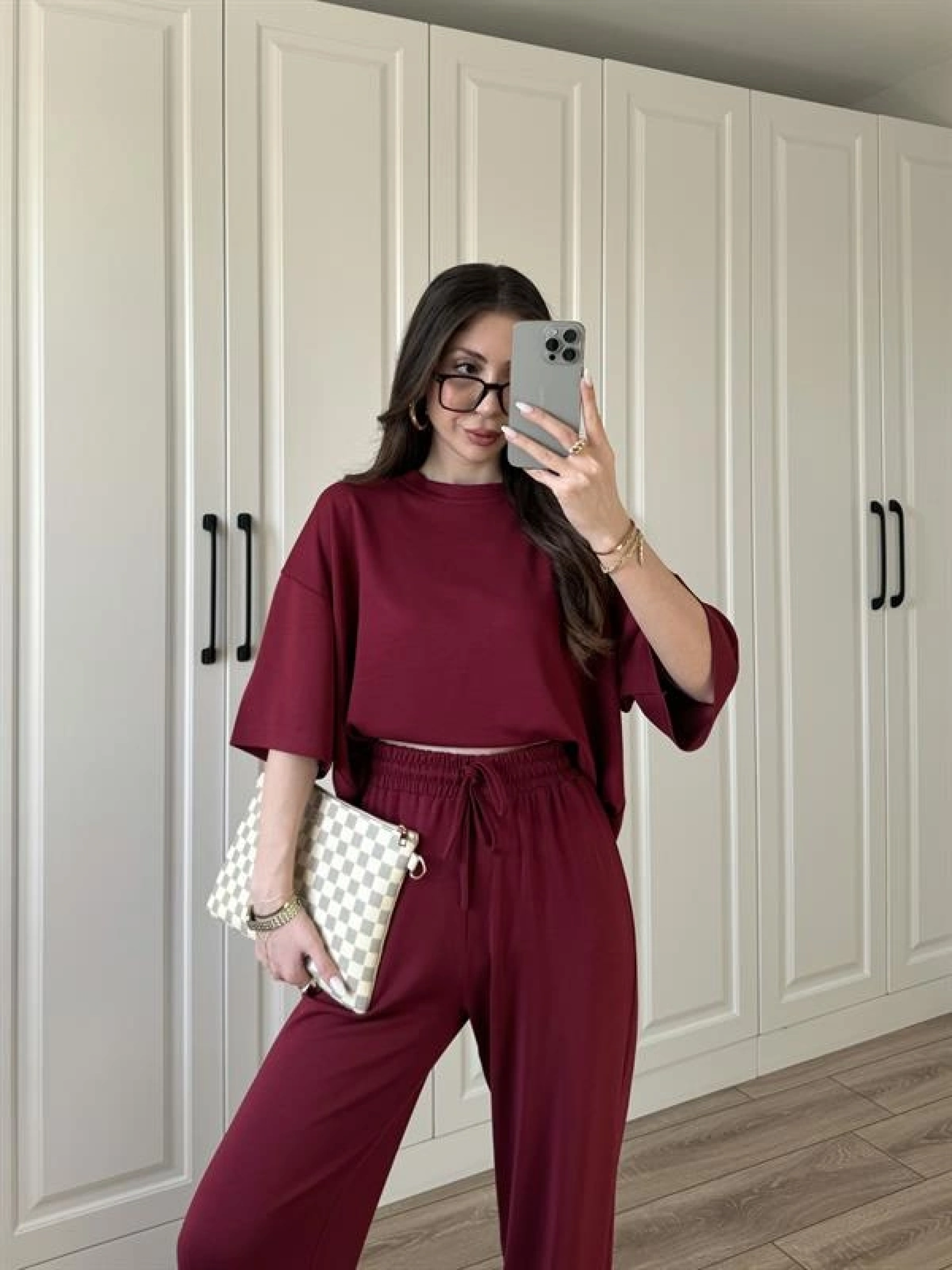 Oysh Moda Kumaş Bordo Basic Kısakollu Takım