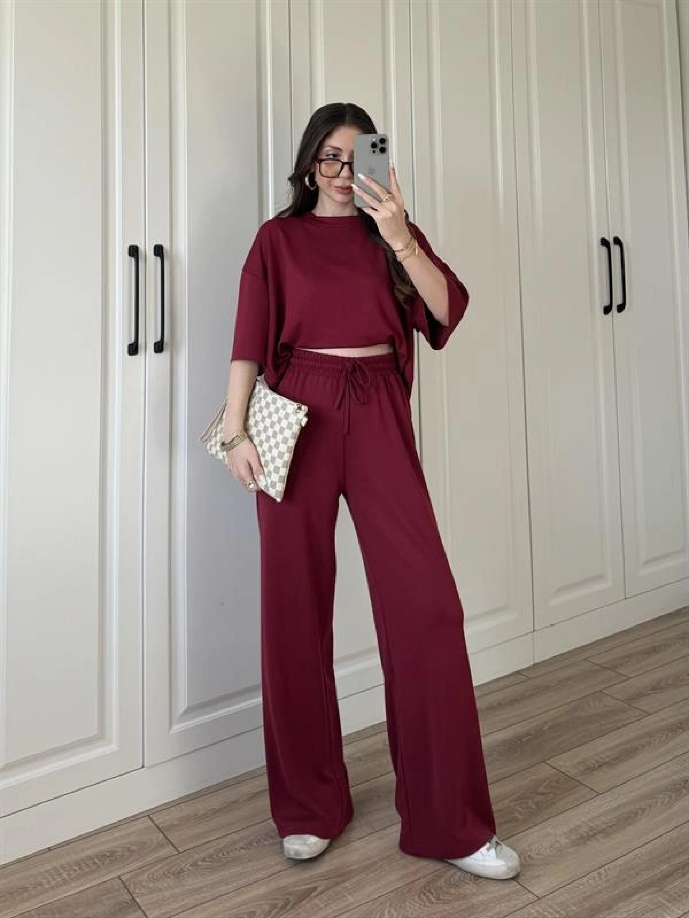 Oysh Moda Kumaş Bordo Basic Kısakollu Takım